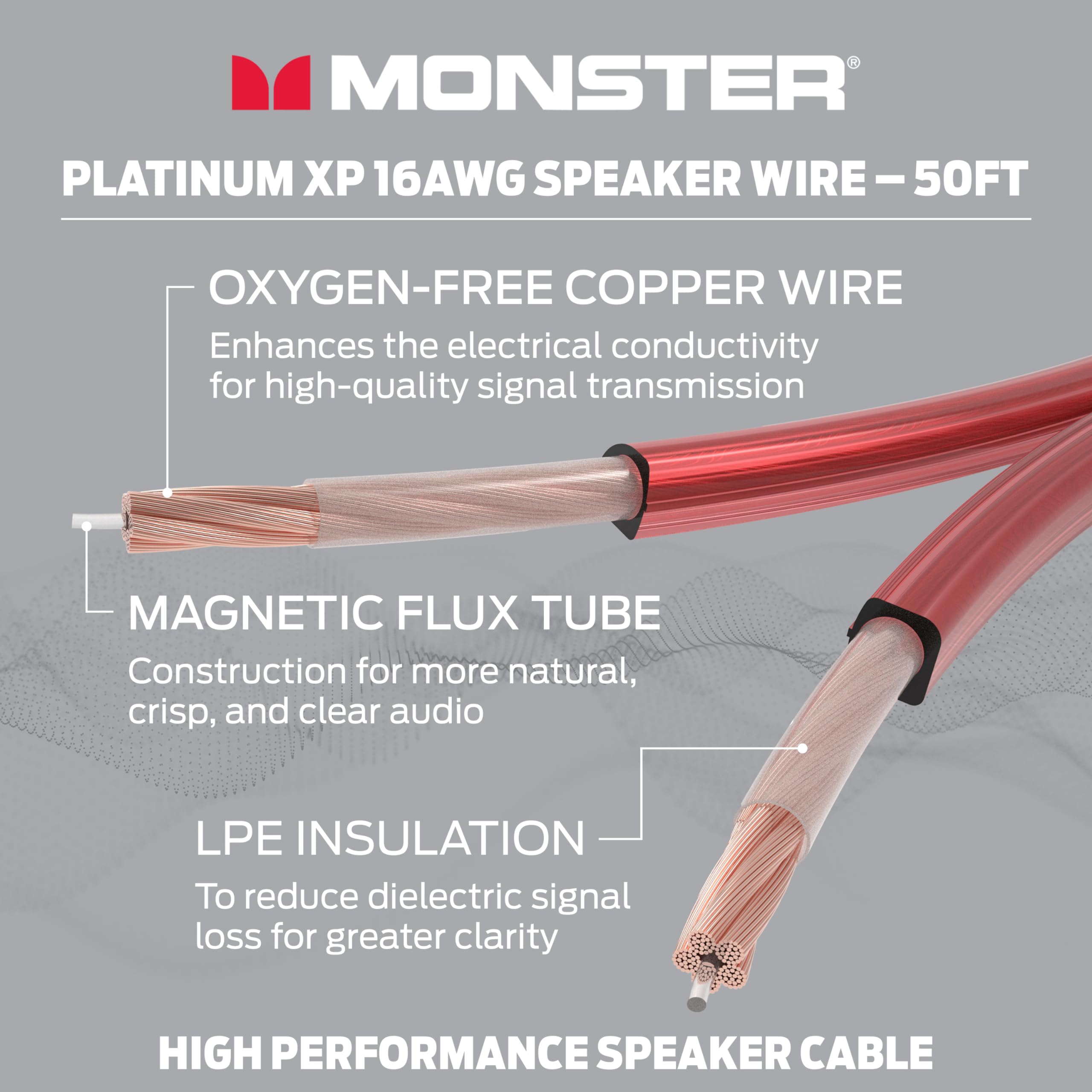 MONSTER  
PLATINUM XP 16AWG SPEAKER WIRE – 50FT  

- OXYGEN-FREE COPPER WIRE  
  Enhances the electrical conductivity for high-quality signal transmission  

- MAGNETIC FLUX TUBE  
  Construction for more natural, crisp, and clear audio  

- LPE INSULATION  
  To reduce dielectric signal loss for greater clarity  

HIGH PERFORMANCE SPEAKER CABLE
