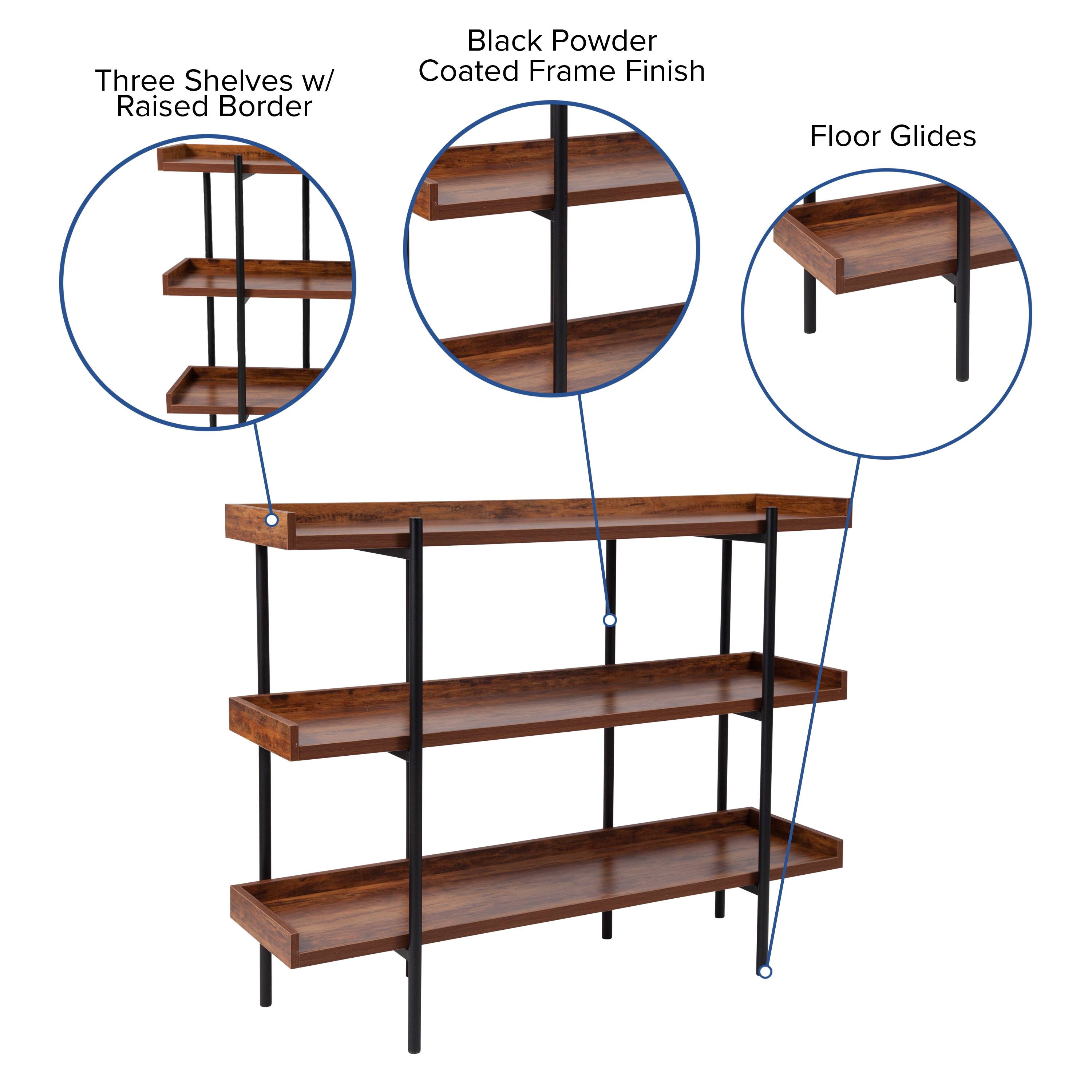 Three Shelves w/ Raised Border  
Black Powder Coated Frame Finish  
Floor Glides