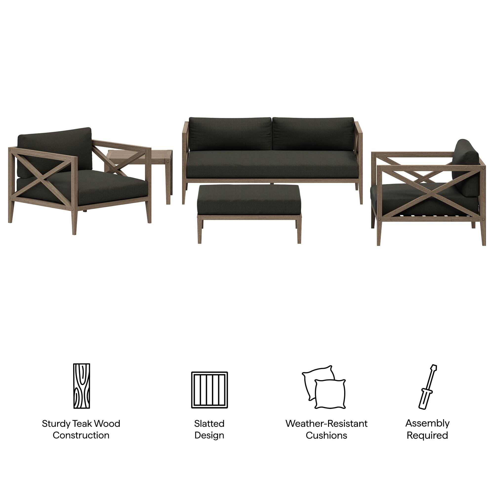 Sturdy Teak Wood Construction, Slatted Design, Weather-Resistant Cushions, Assembly Required