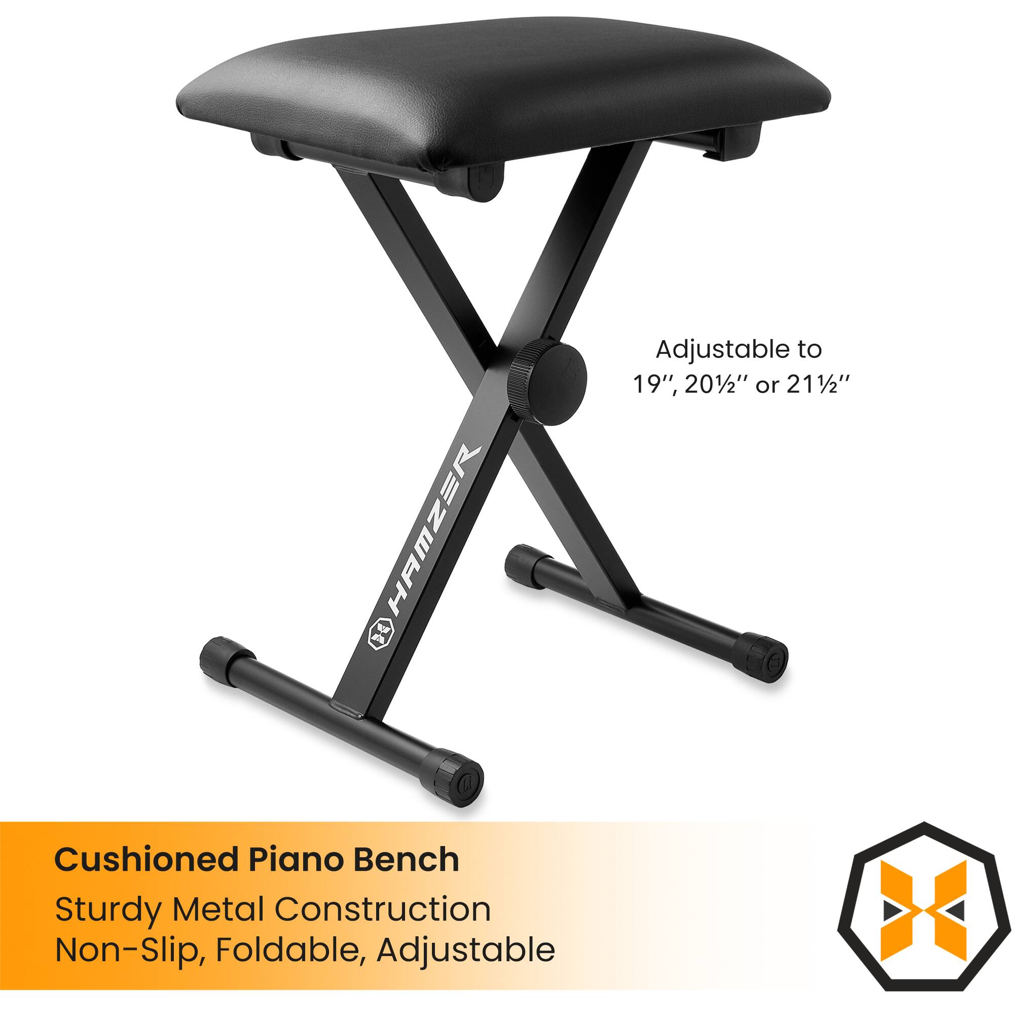 HAMZER Adjustable to 19", 20½" or 21½" Cushioned Piano Bench Sturdy Metal Construction Non-Slip, Foldable, Adjustable