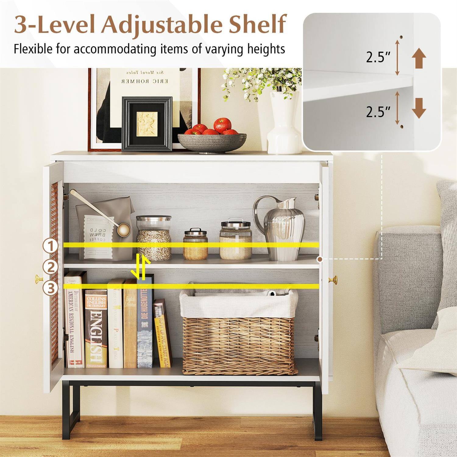 3-Level Adjustable Shelf  
Flexible for accommodating items of varying heights  

2.5"  
2.5"  

1  
2  
3  

RIZ ROHMER ERIC  
AMERICAN  
DTWLSTO REGIONAL  
ENGLISH  
COLLINS  
HUGENOTTE  
DIE  
COLD BREW COFFEE  
NEI  
DTPARY