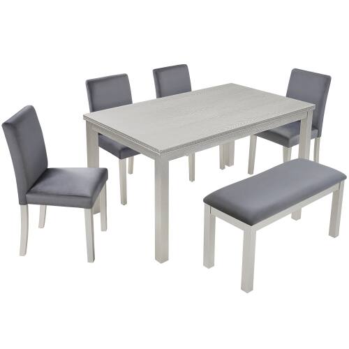 Alt View 3. LUCKY ONE - 6-Piece Crystal Decoration Dining Set with 58.5" Rectangular Dining Table, Bench and 4 Upholstered Chairs - Silver grey.