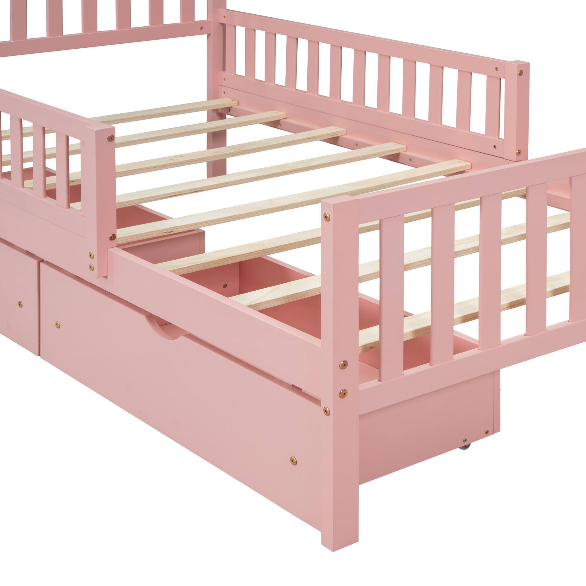 Alt View 4. GOODSILO - Twin Size Wood Platform Bed with Dual Guardrails and Underbed Storage Drawers for Enhanced Safety and Organization - Pink.