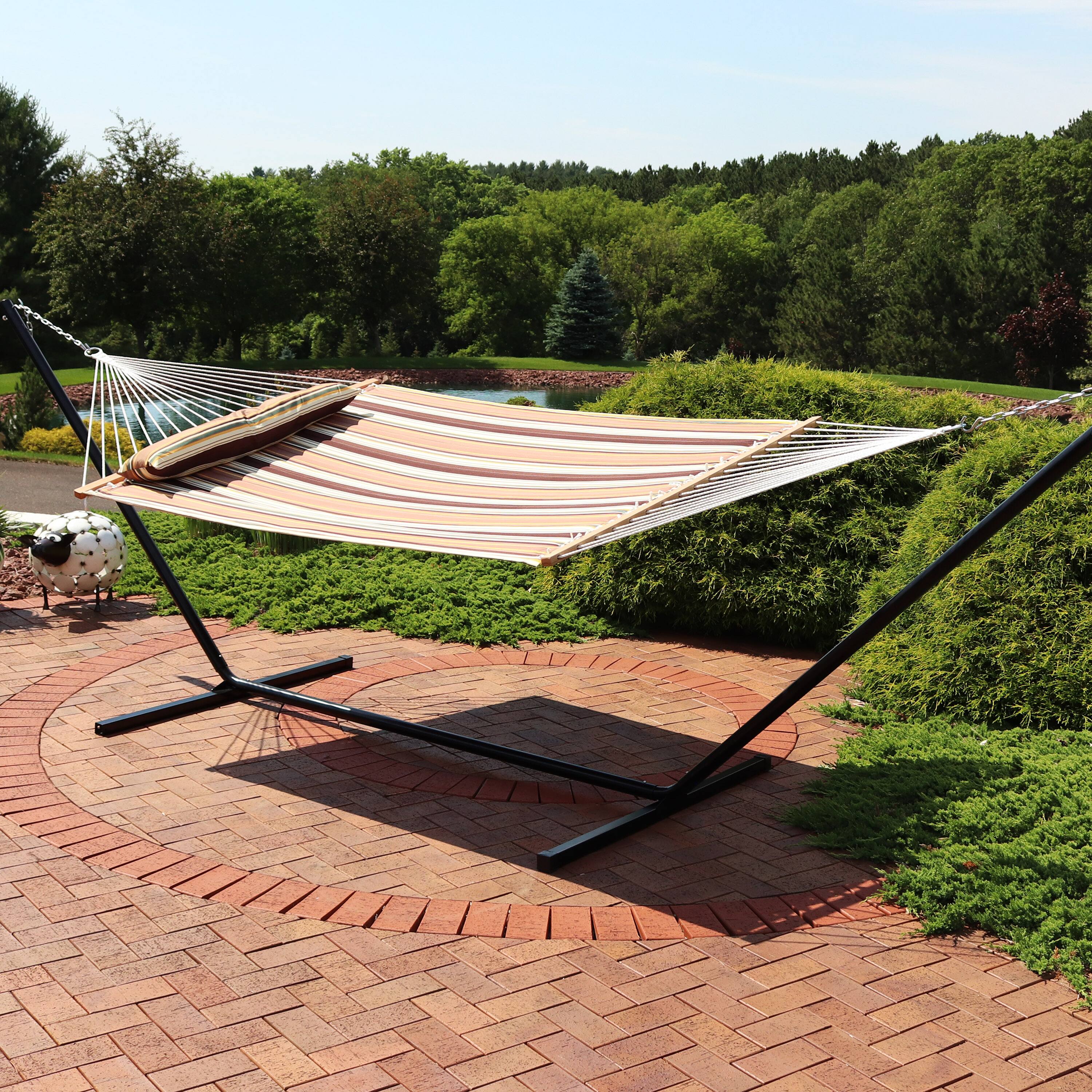 Alt View 3. Sunnydaze - 2-Person Quilted Fabric Hammock with 15' Stand - Sandy Beach.