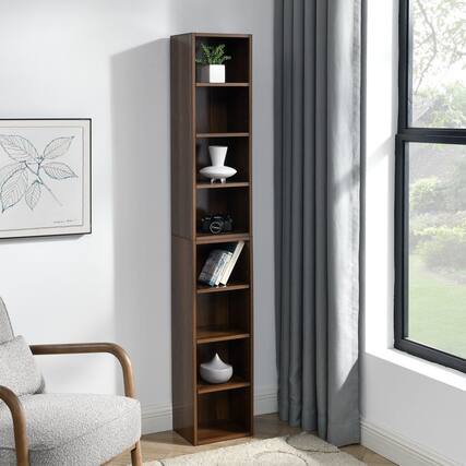 Front. HTUTWOO - 8-Tier Narrow Bookshelf, Space-Saving Slim Storage Bookcase, Stable & Easy Use Display Shelf, for Bedroom, Living Room - Brown.