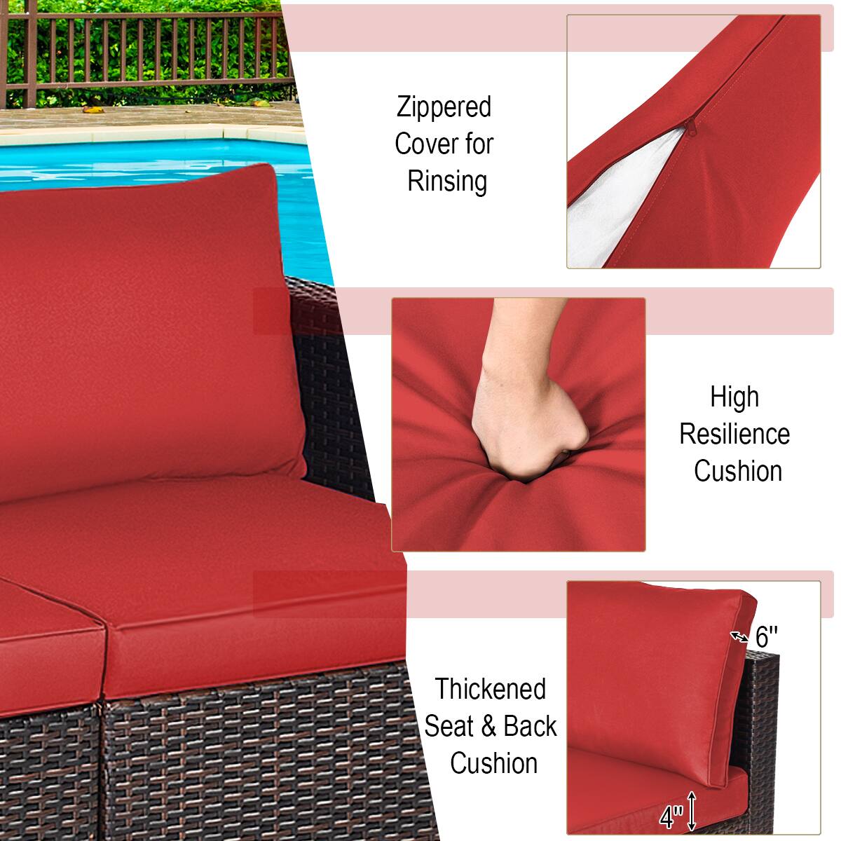 Zippered Cover for Rinsing  
High Resilience Cushion  
Thickened Seat & Back Cushion  
6"  
4"