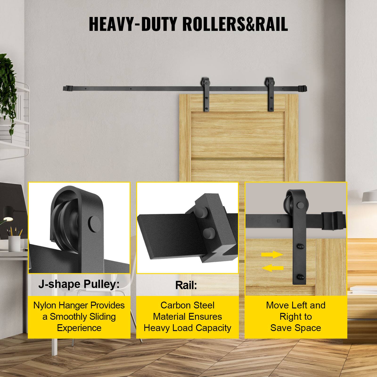 HEAVY-DUTY ROLLERS&RAIL

J-shape Pulley:
Nylon Hanger Provides a Smoothly Sliding Experience

Rail:
Carbon Steel Material Ensures Heavy Load Capacity

Move Left and Right to Save Space