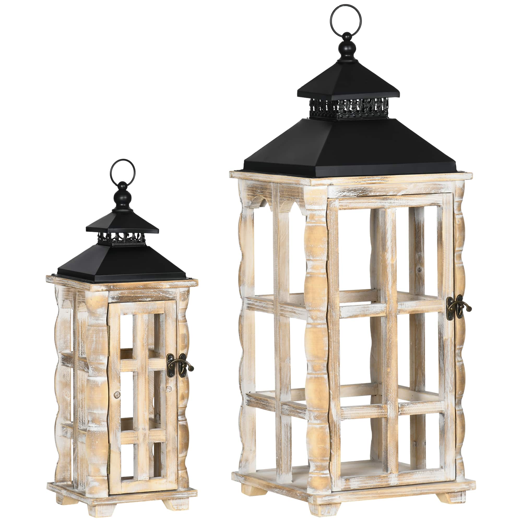 Homcom - 2-Pack Rustic Lanterns: 31"/21" Wood Metal Hanging Decor - Black, Distressed Wood Color