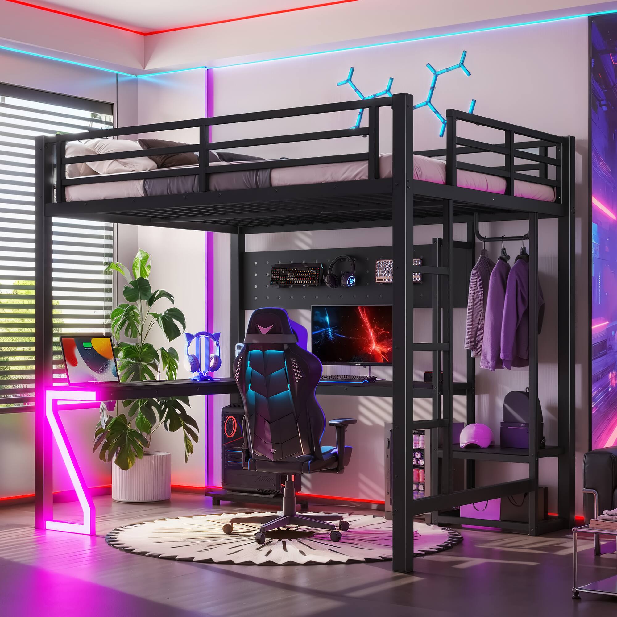 Angle. Anysun - Full Loft Bed w/ L-Shaped Desk, USB Ports, Metal Frame, Computer Tray, Peg Board, Z-Shaped LED Lights - Black.