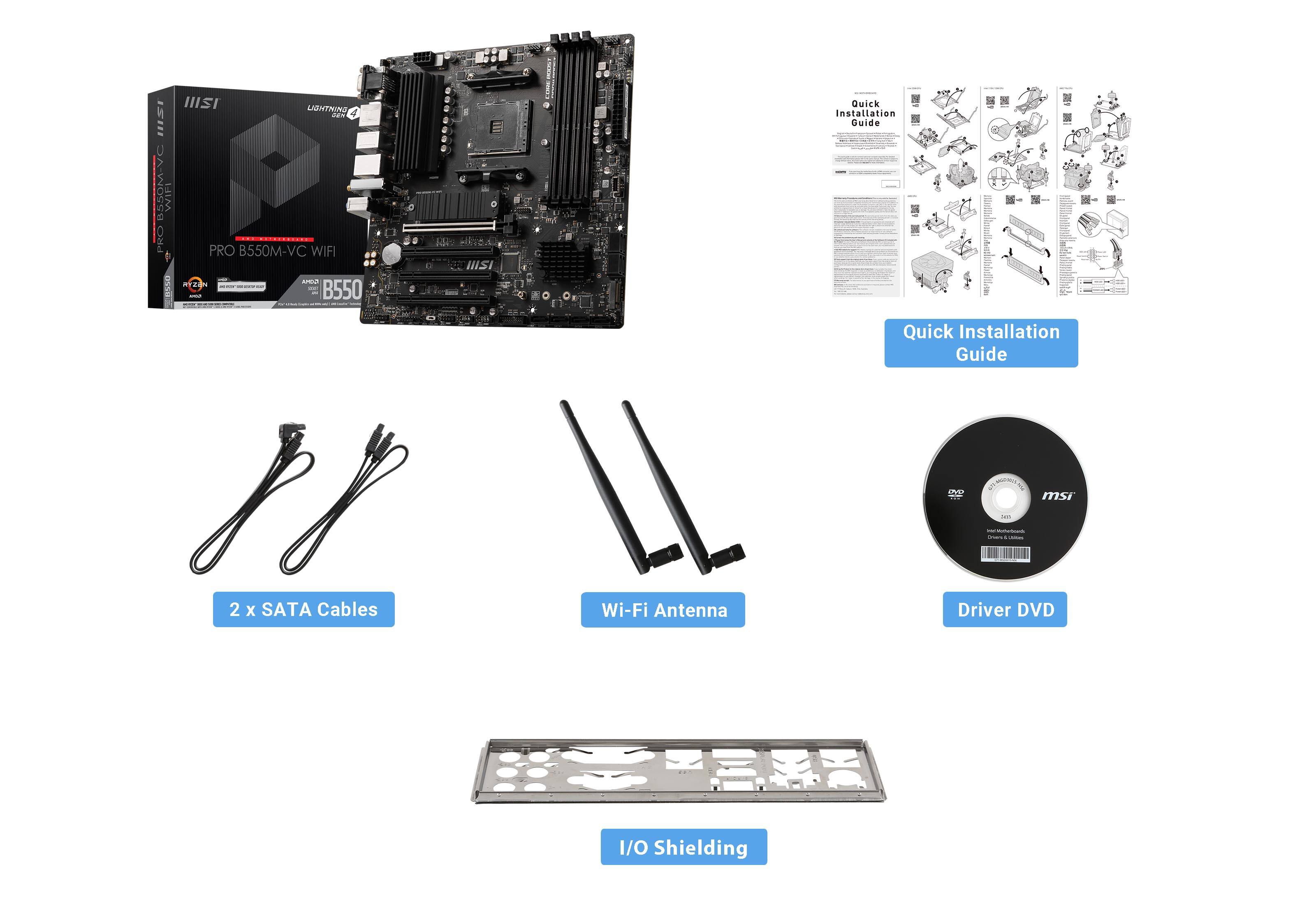 The image features a computer system with a motherboard, a hard drive, a Wi-Fi antenna, and a driver DVD. The system also includes a 2.5" SATA hard drive and a 15m USB cable. The image provides a quick installation guide for the user, along with a guide for the I/O shielding.