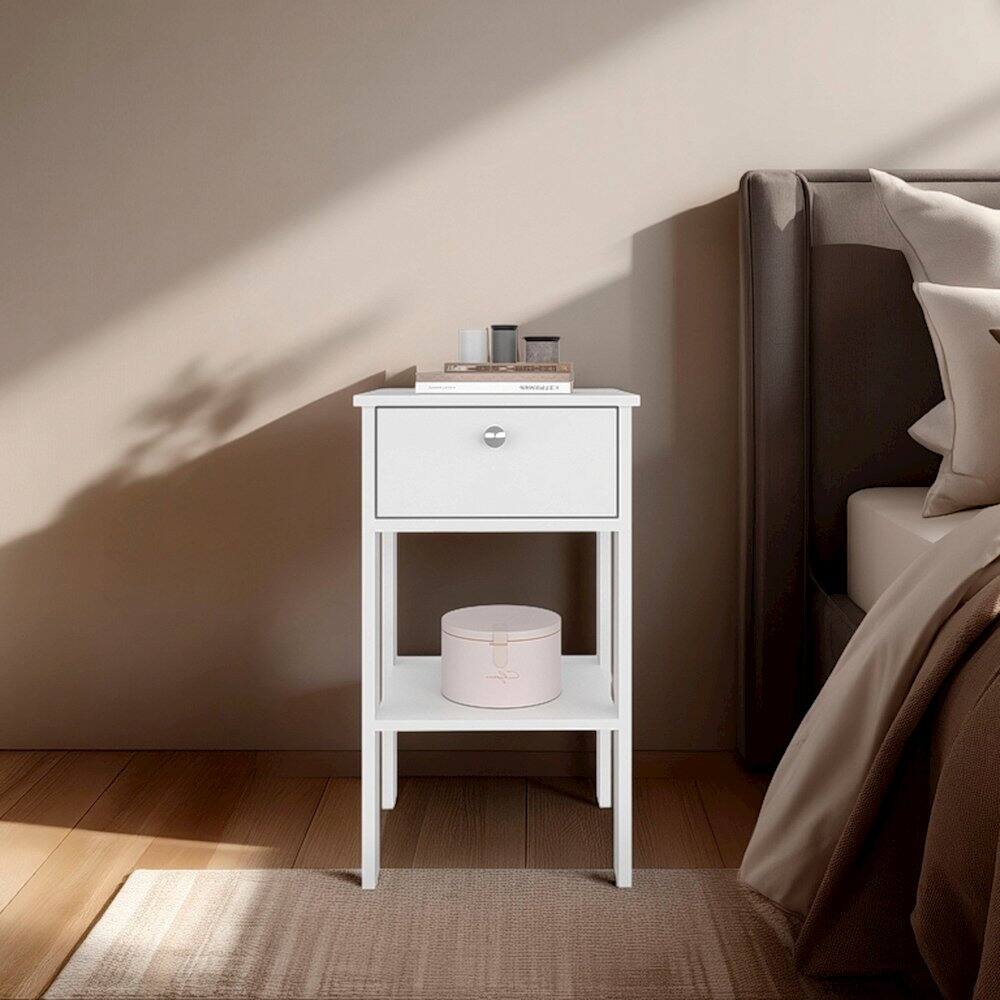 Alt View 3. TuHome - Newcastle Nightstand With One Drawer And Open Shelf, Modern Bedside Table, White - White.