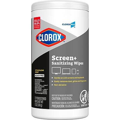 KILLS 99.9%  
CLOROX® PRO  
CLOROX™  
Screen+ Sanitizing Wipes  
OTRUS BLEND SCENT ILLACH-FREE  
Gentle on LCD screens and keyboards  
Easily removes dust, grime and fingerprints  
Non-abrasive  
KEEP OUT OF REACH OF CHILDREN  
75 FRENOSTENED  
CAUTION: NET WT MANTNGASE FUERA DEL ALCANCE (340g)  
PRECAUCIÓN: