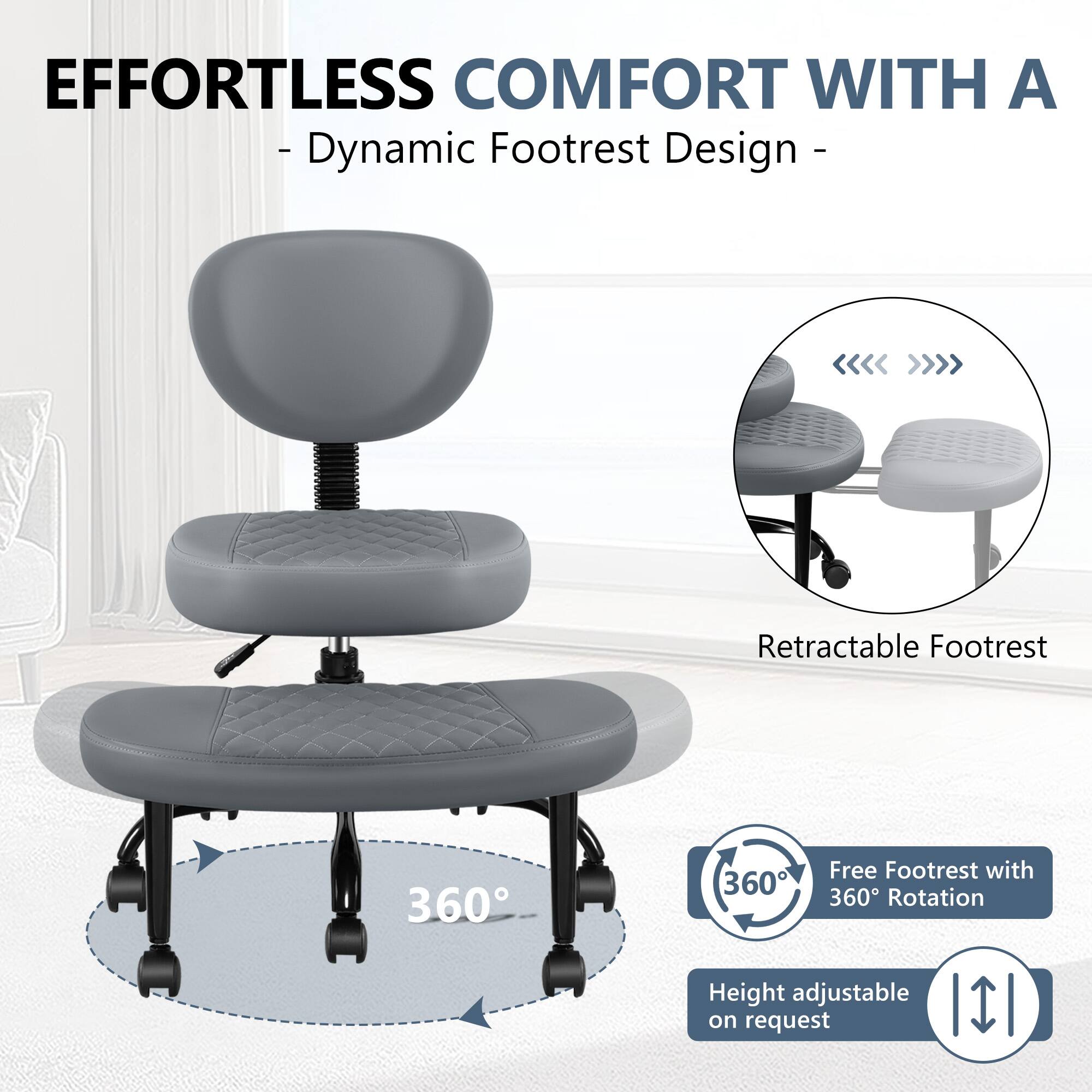 EFFORTLESS COMFORT WITH A - Dynamic Footrest Design - Retractable Footrest Free Footrest with 360° Rotation Height adjustable on request