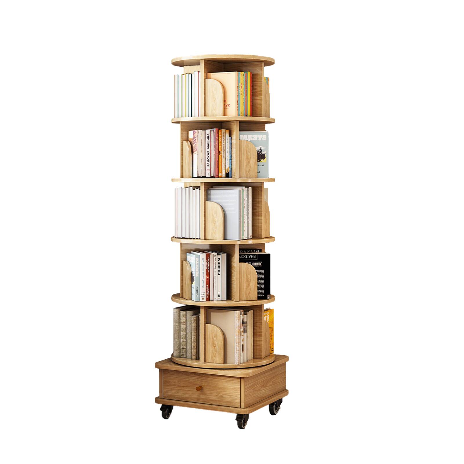 Chic Crate - 6-Tier Rotating Bookshelf Tower – 360° Round Spinning Storage with Wheels & Drawer, Space-Saving - Yellow