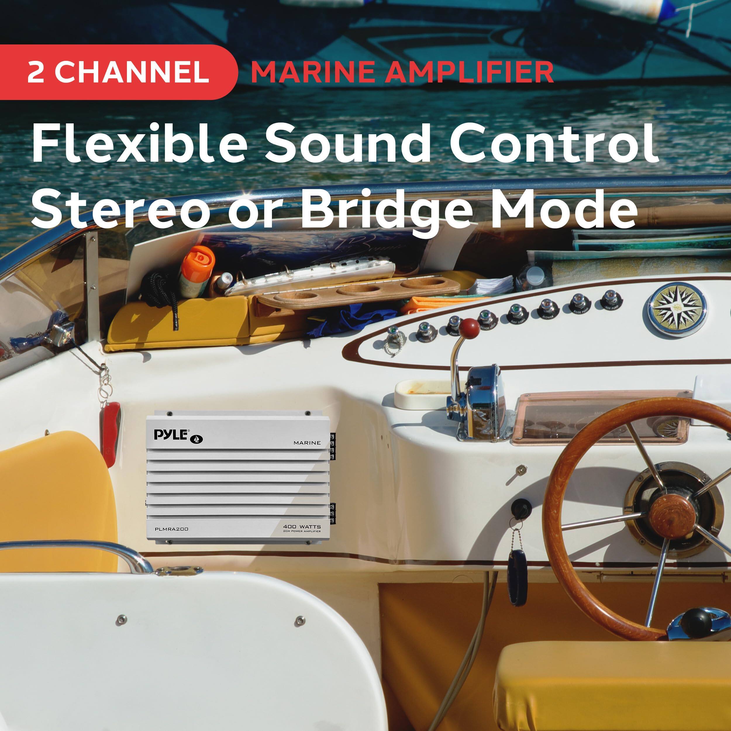 2 CHANNEL MARINE AMPLIFIER  
Flexible Sound Control  
Stereo or Bridge Mode  

PYLE  
MARINE  
AMPLIFIER
