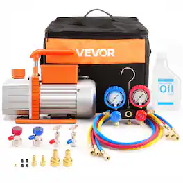 VEVOR - AC Vacuum Pump and Gauge Set, 4.5 CFM 1/3 HP, Single Stage Rotary Vane HVAC Vacuum Pump, A/C Manifold Gauge Kit - Orange;Silver