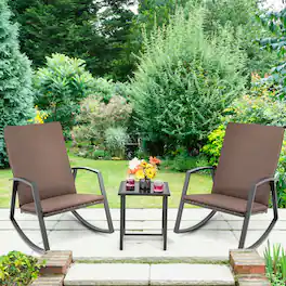 Costway - 3PCS Patio Rattan Rocking Chair Table Furniture Set Yard Cushion - Brown