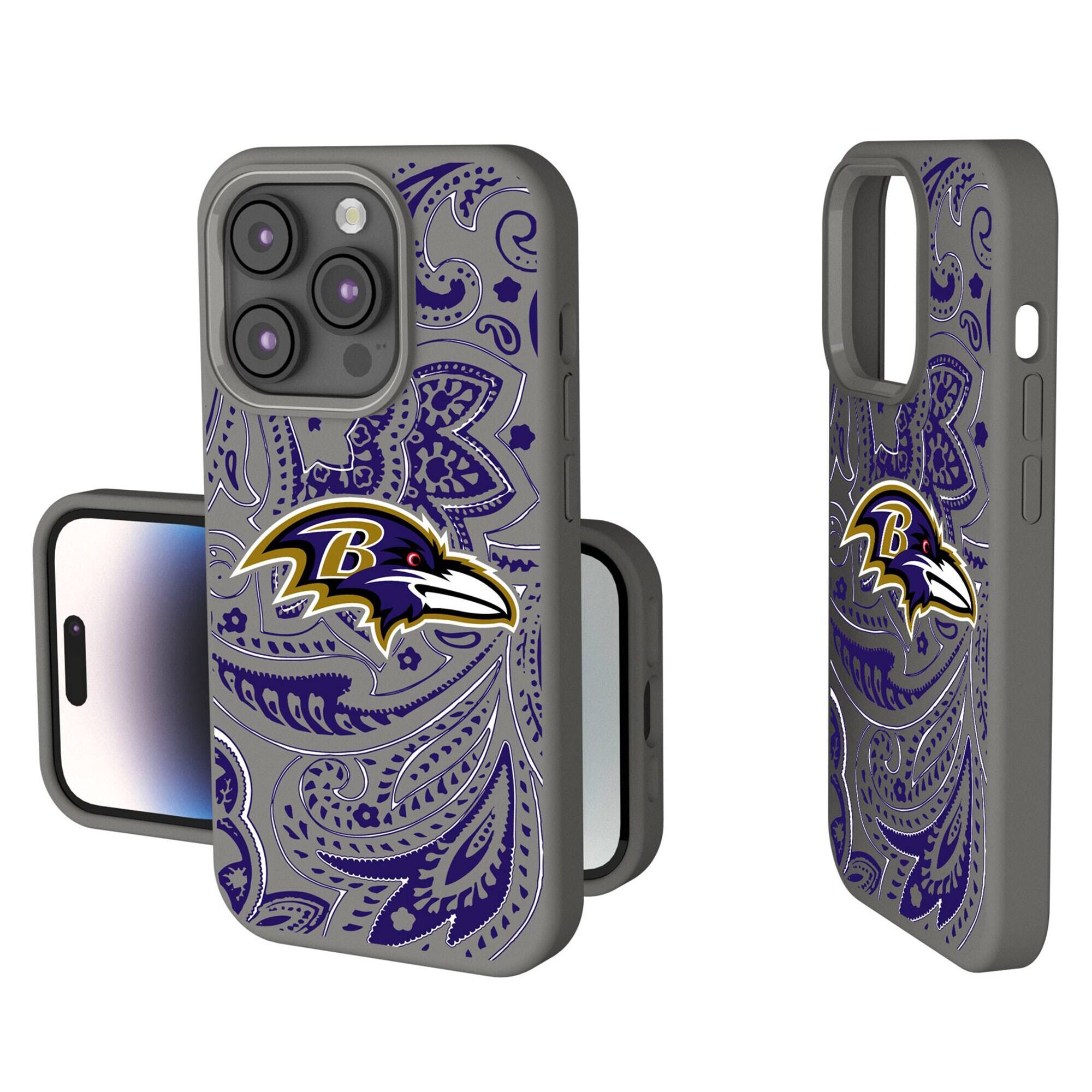 Front. Keyscaper - Baltimore Ravens Paisley iPhone Soft Touch Case - 14 Pro - Gray.