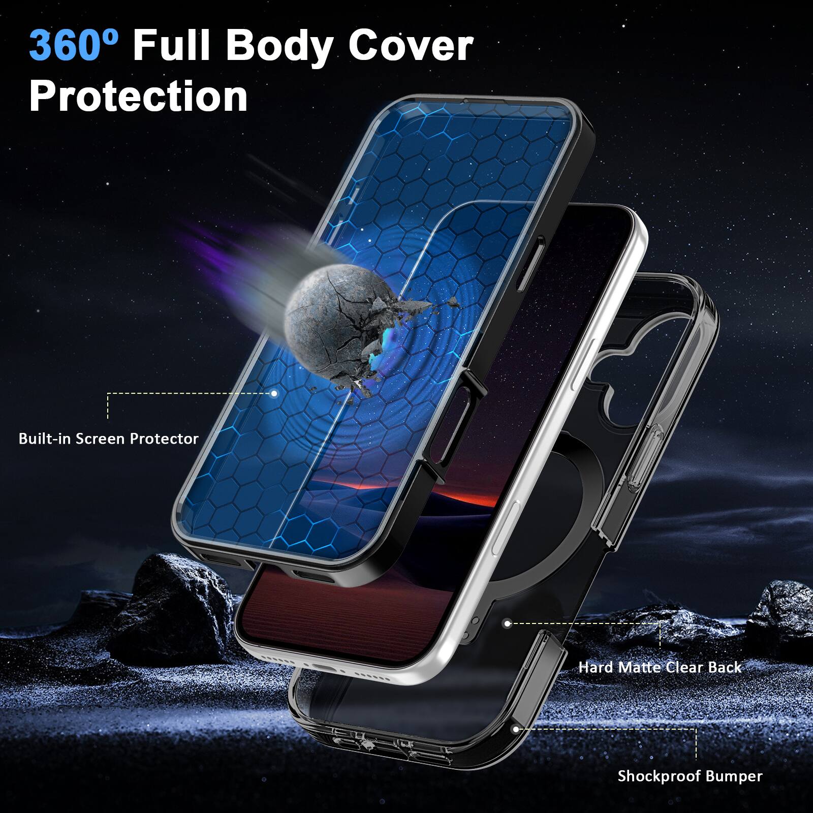 360° Full Body Cover Protection

- Built-in Screen Protector
- Hard Matte Clear Back
- Shockproof Bumper