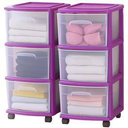 Homz - Plastic 3 Drawer Medium Storage Container Tower, Purple Frame (2 Pack)