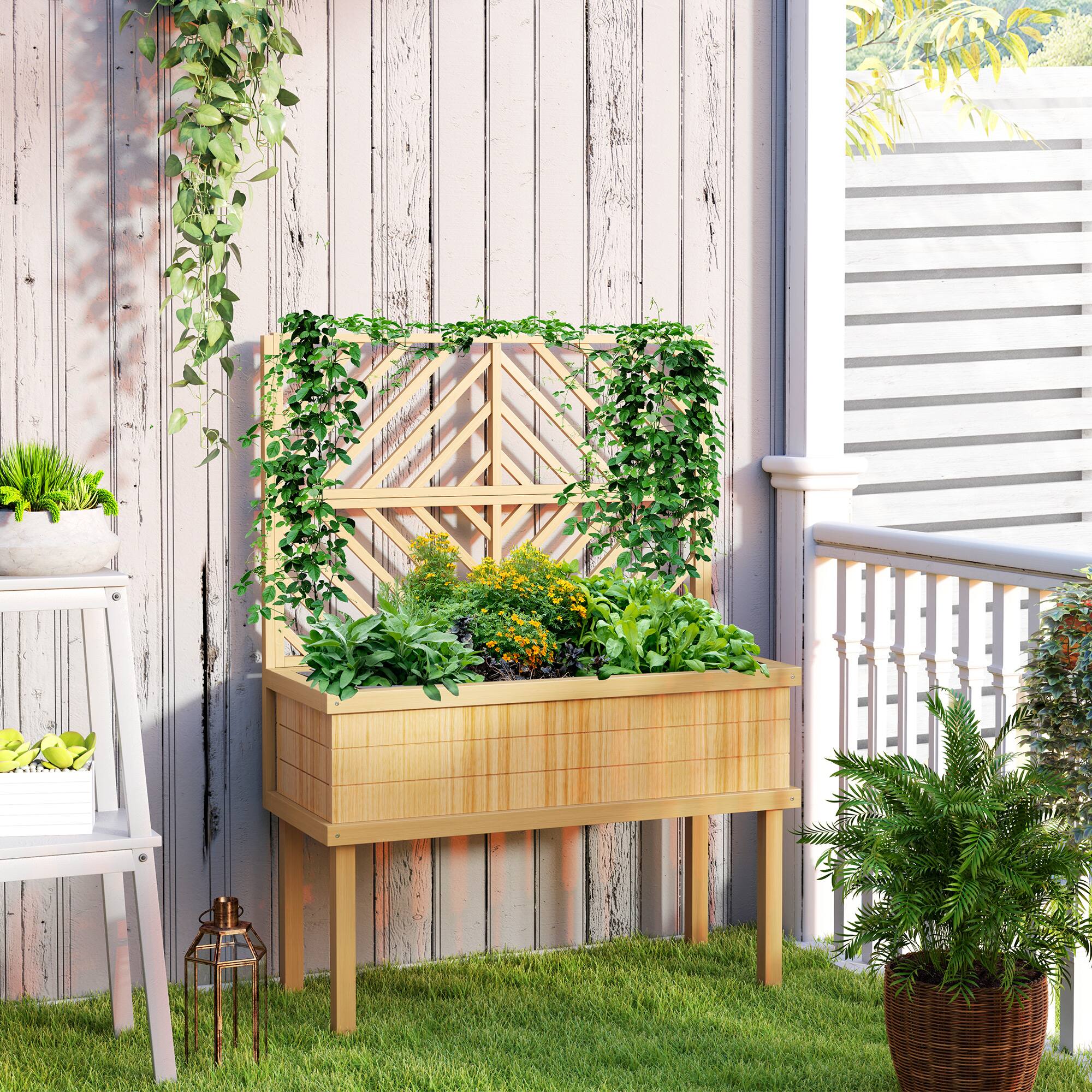 Alt View 8. Outsunny - Wood Planter with Trellis for Climbing Plants, Raised Garden Bed with Legs and Drainage Holes - Natural Wood.