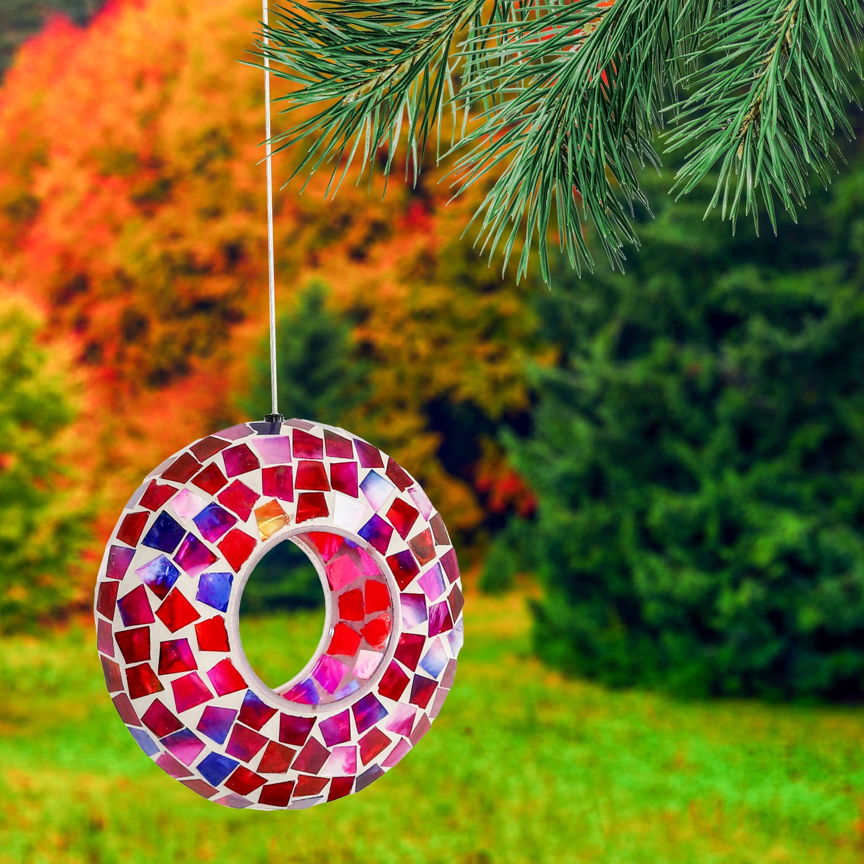 Alt View 9. Sunnydaze - Glass Fly-Through Hanging Bird Feeder - 6 in - Crimson Mosaic.