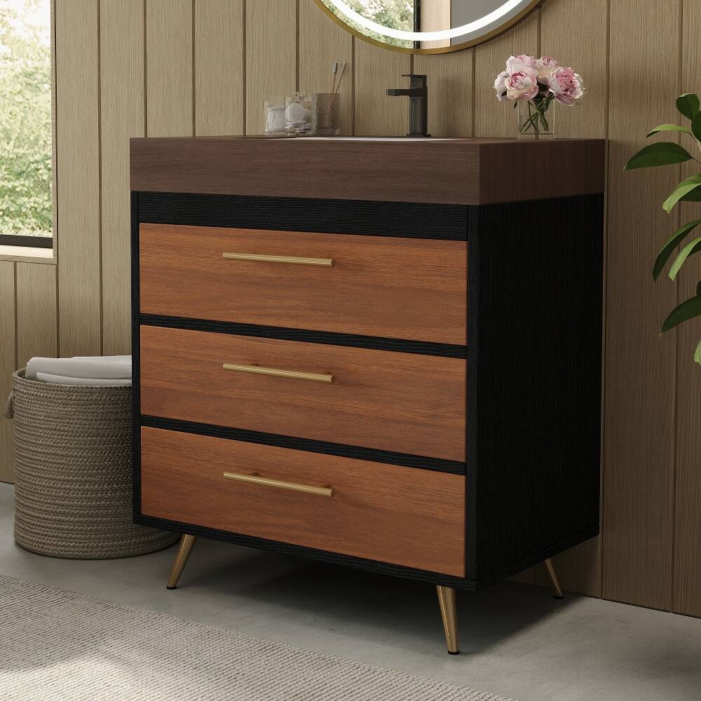 Alt View 2. Loheer - Loheer 29.9 inch bathroom vanity freestanding farmhouse vanity with ceramic vessel sink and sintered stone top - Walnut.