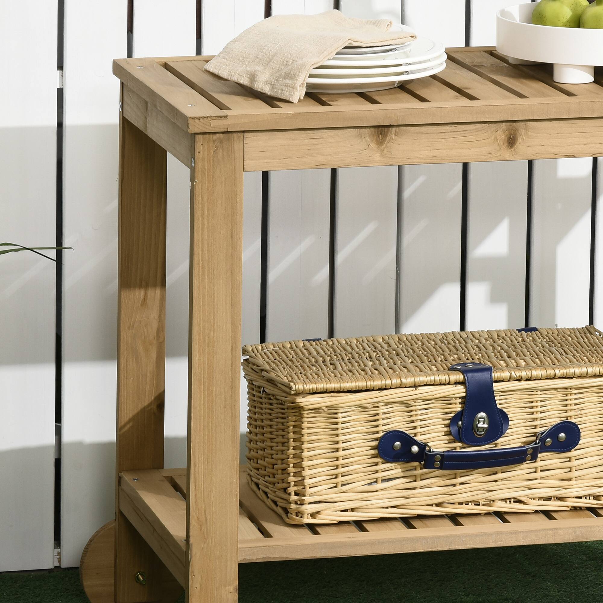 Alt View 7. Outsunny - Bar Cart, Wood Rolling Home Bar & Serving Cart ，2 Shelves, Wine Bottle Holders for Garden - Natural wood.