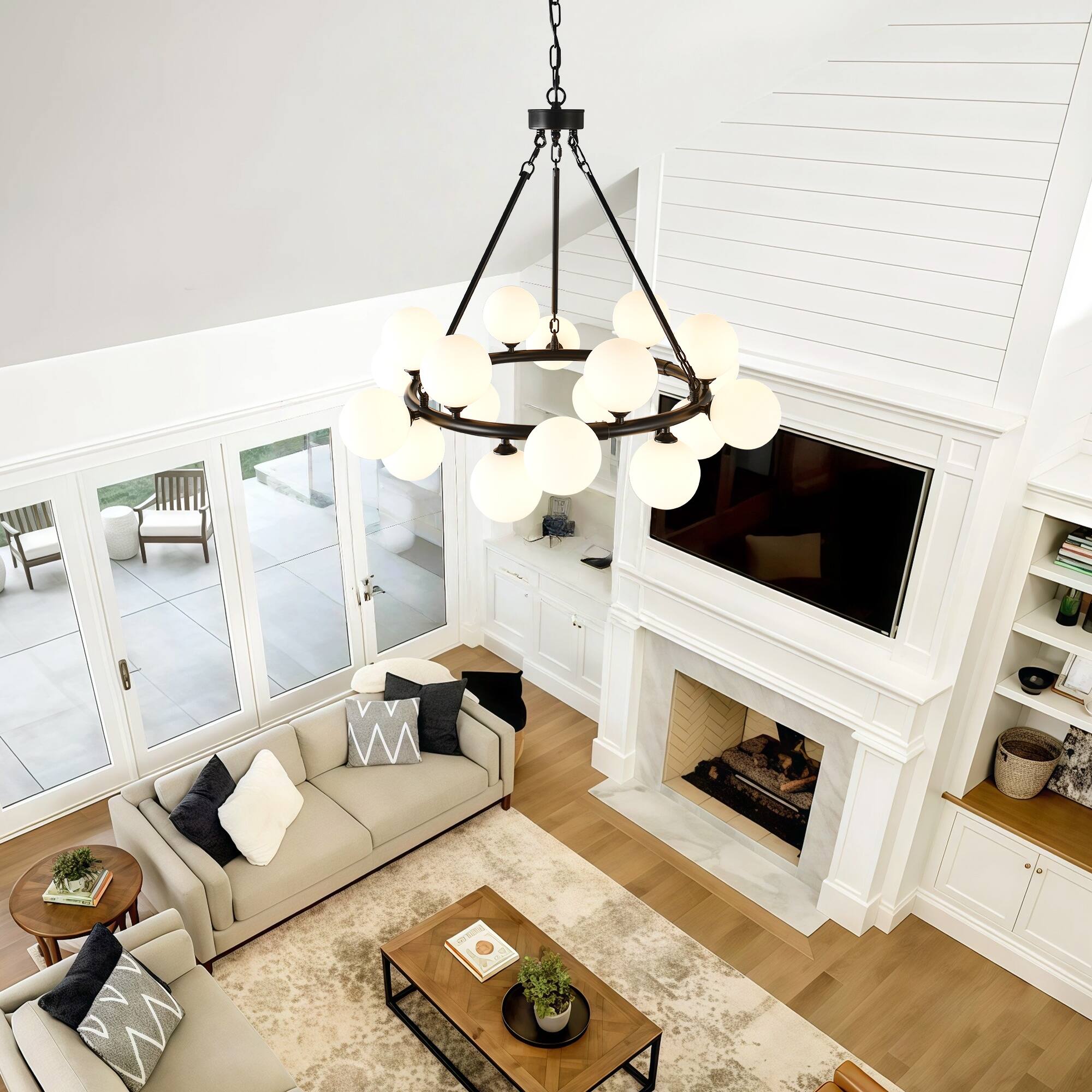 Alt View 1. RYHNUYNE - 31.97" Black Wagon Wheel Chandelier with 18 Milky White Glass Globes, Modern Farmhouse Pendant Light for Dining Room.