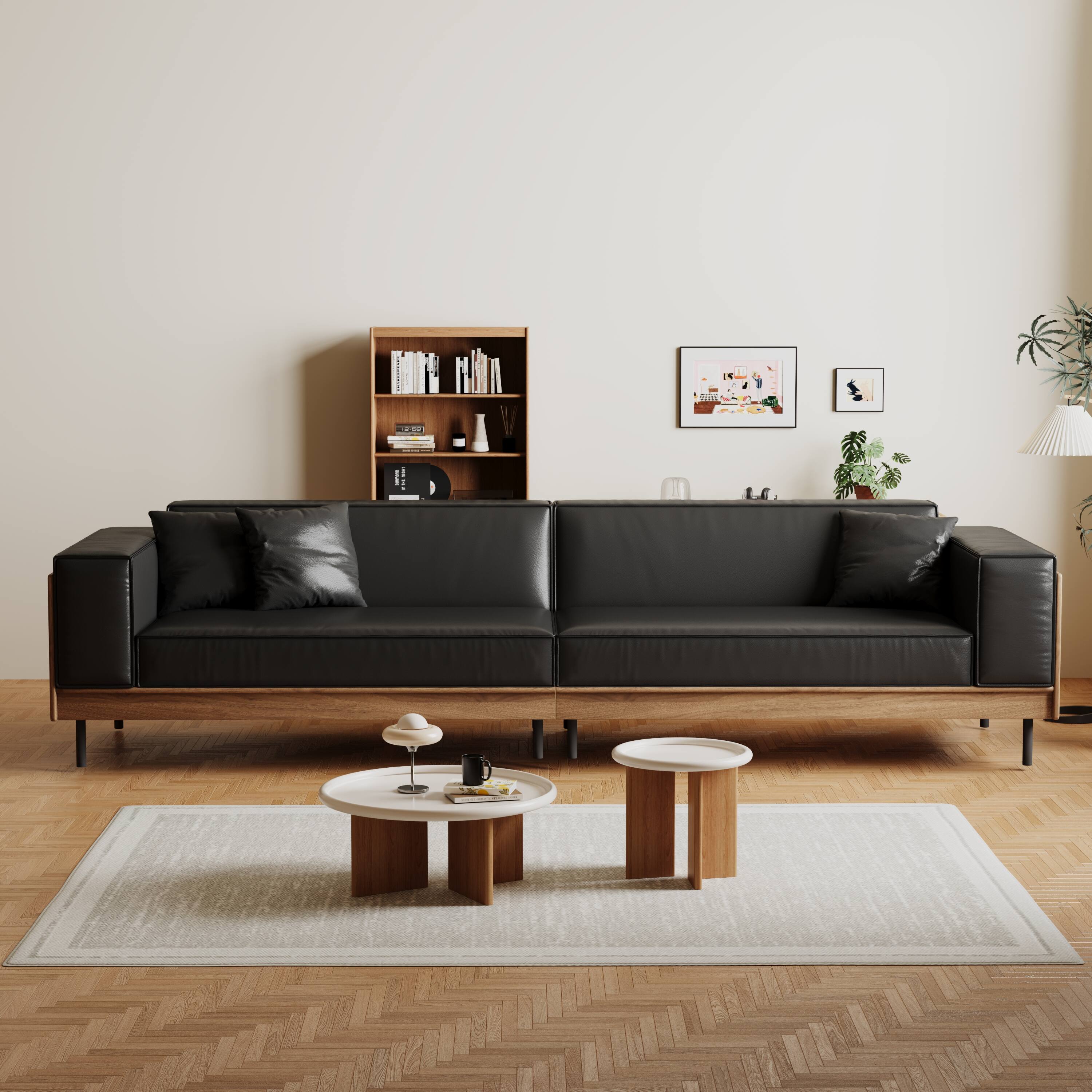 luck idea - 106.3" Contemporary Leather Sofa Couch with Solid Wood Frame, Metal Legs and 3 Accent Pillows - White and Brown