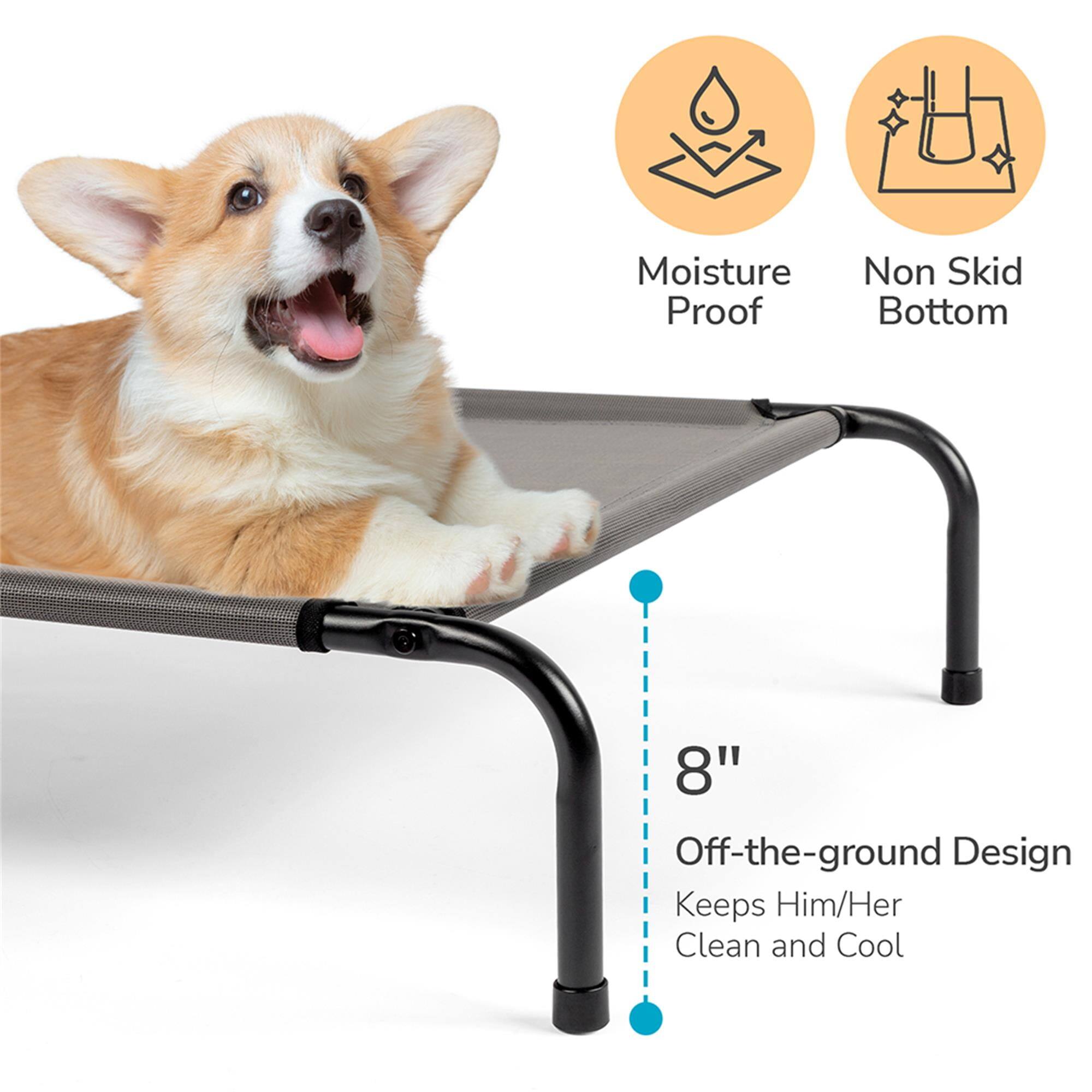 Moisture Proof  
Non Skid Bottom  

8" Off-the-ground Design  
Keeps Him/Her Clean and Cool