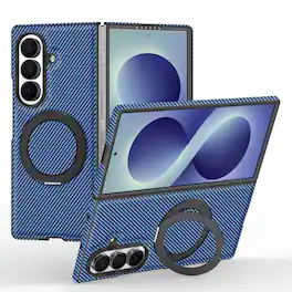 Dteck - Magnetic Carbon Fiber Pattern Case for Samsung Galaxy Z Fold8 Ultra with Stand, Hard PC Shockproof Faux Leather Cover - Blue