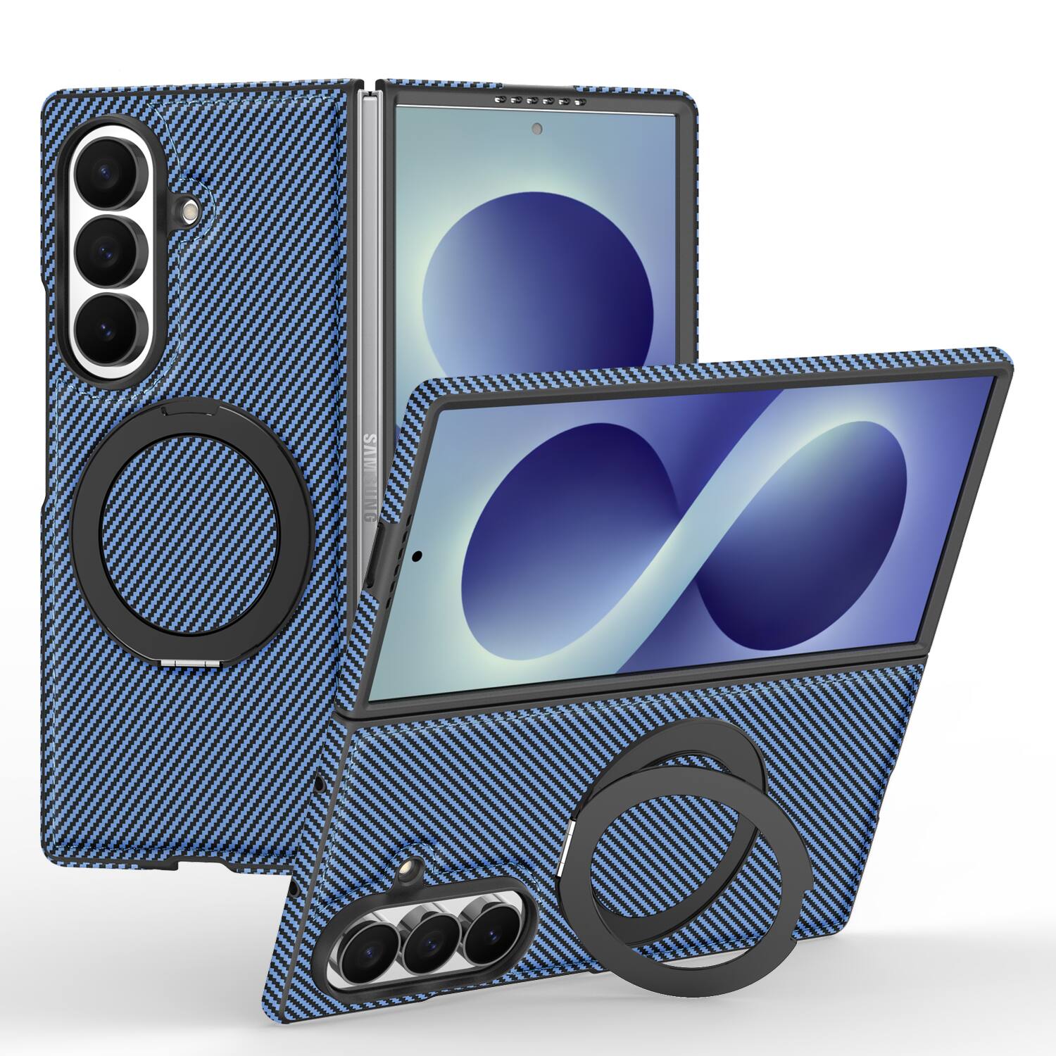 Dteck - Magnetic Carbon Fiber Pattern Case for Samsung Galaxy Z Fold8 Ultra with Stand, Hard PC Shockproof Faux Leather Cover - Blue