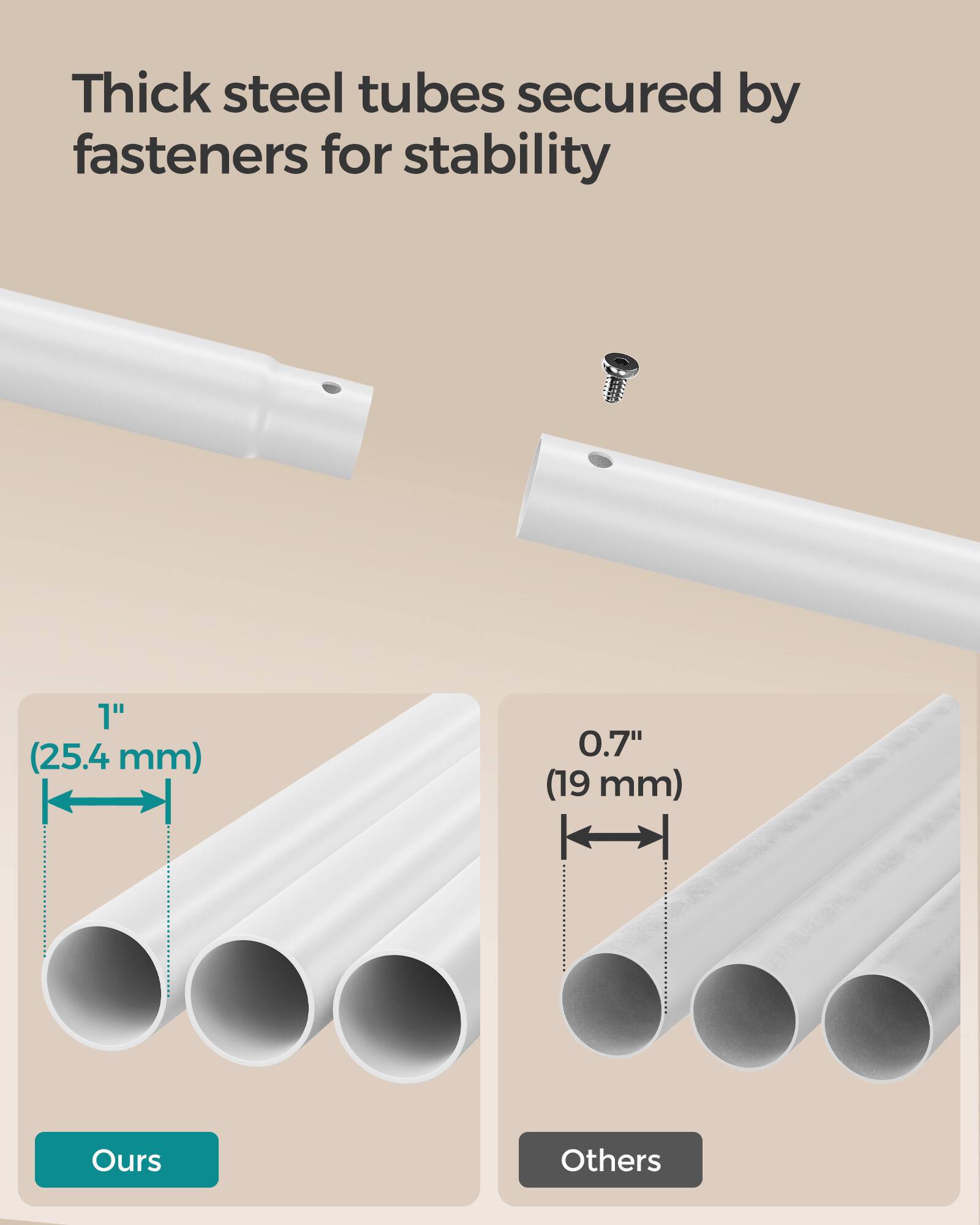 Thick steel tubes secured by fasteners for stability

1" (25.4 mm)  
0.7" (19 mm)  

Ours  
Others