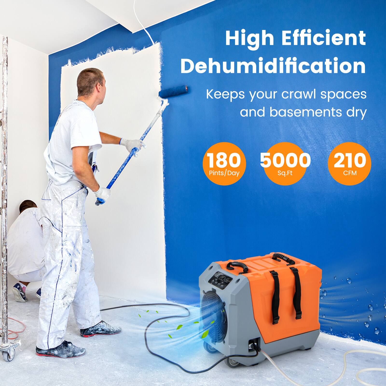 High Efficient Dehumidification Keeps your crawl spaces and basements dry 180 Pints/Day 5000 Sq.Ft 210 CFM