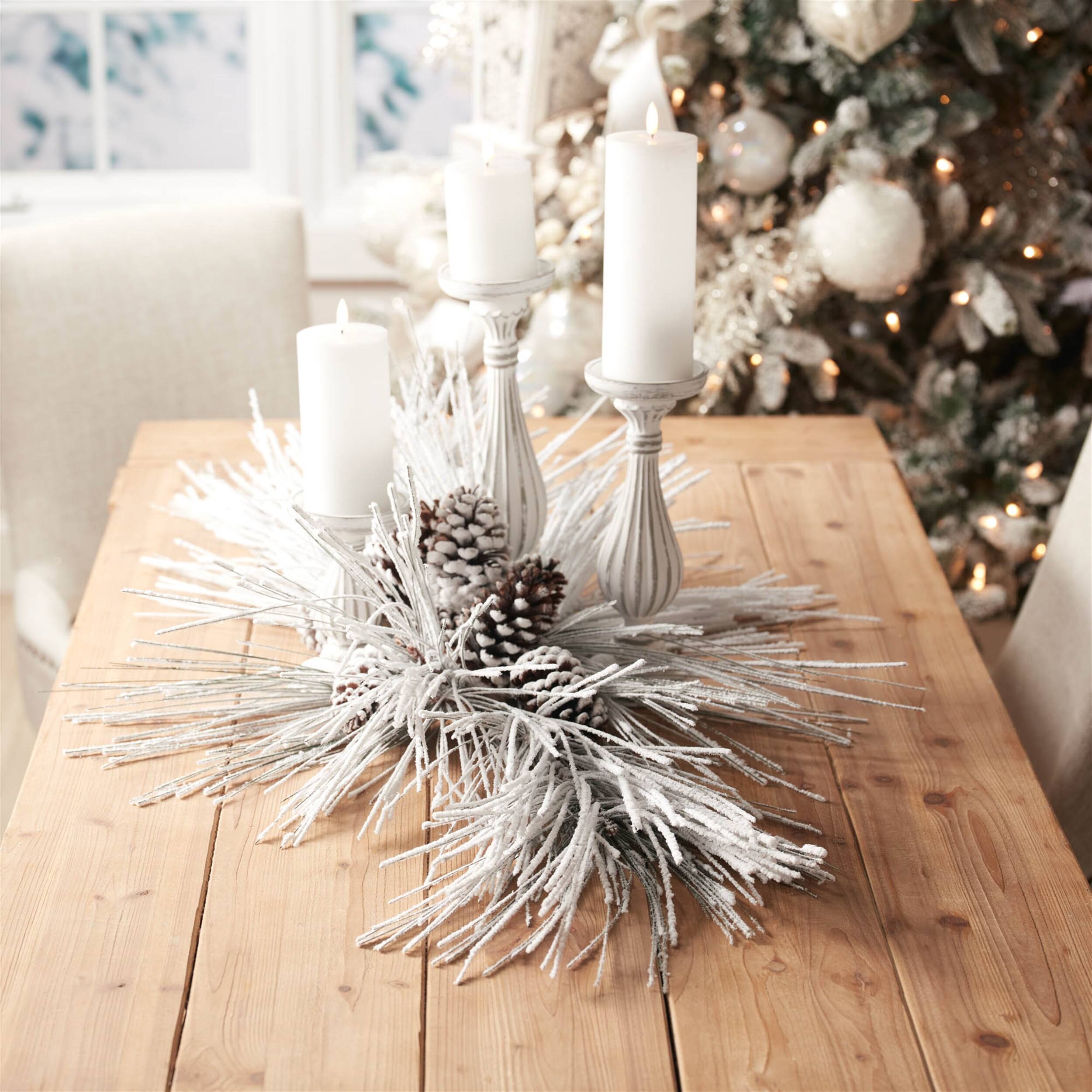 Angle. BreeBe - Flocked Long Neddle Pine Spray (Set of 2) - White, Brown.