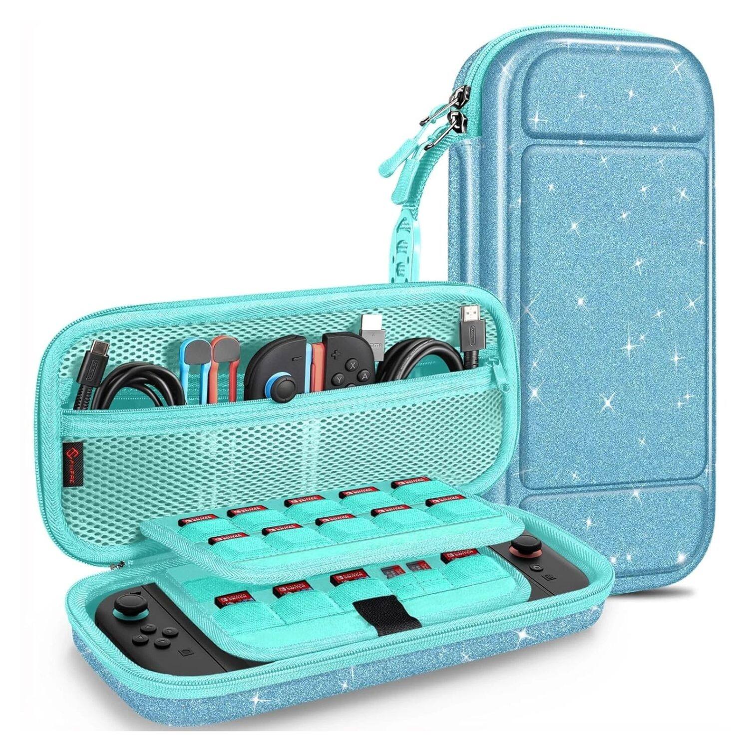 Angle. Stock Preferred - Carrying Case for Nintendo Switch 2 (2025) Hard Shell Portable Travel Bag Cover Glittering Blue - Glittering Blue.