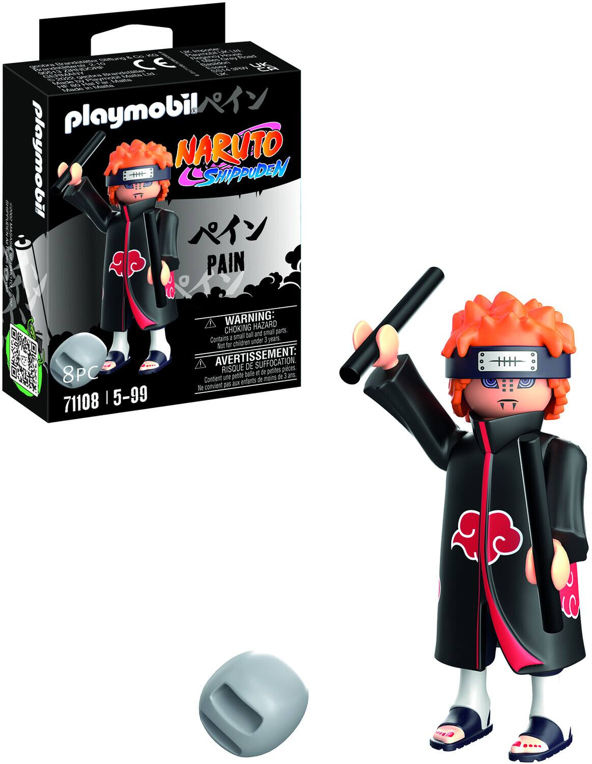 The text on the image is:
"Playmobil NARUTO SHIPPUDEN PAIN 8PC 7108 | 5-99 WARNING: HAZARD CHOKING and small parts. Not for children under 3 years. Contains small parts. AVERTISSEMENT: RISQUE DE SUFFOCATION. Contient des petites pièces. Ne convient pas aux enfants de moins de 3 ans."