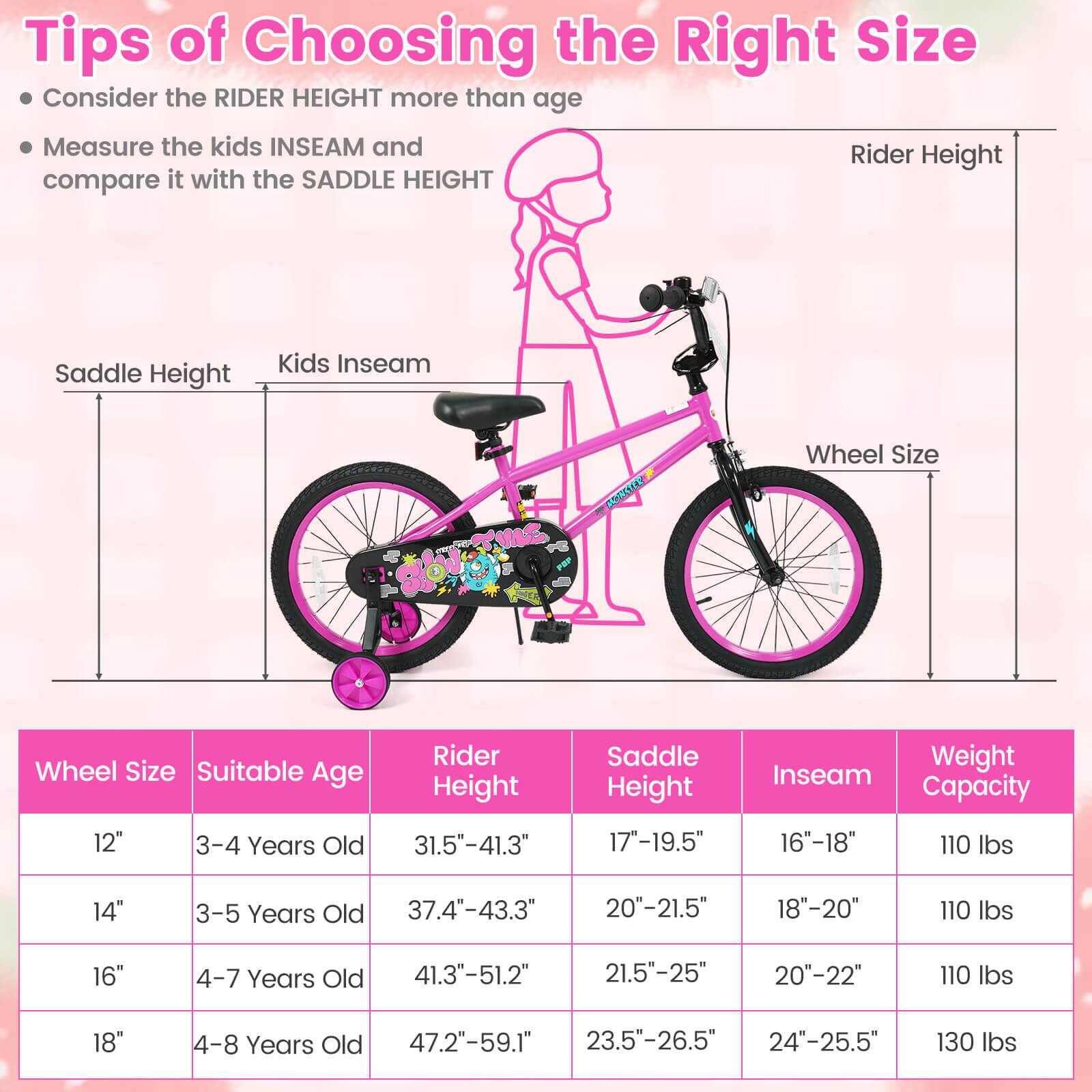 Tips of Choosing the Right Size

- Consider the RIDER HEIGHT more than age
- Measure the kids INSEAM and compare it with the SADDLE HEIGHT

| Wheel Size | Suitable Age | Rider Height | Saddle Height | Inseam | Weight Capacity |
|------------|-------------|--------------|--------------|--------|----------------|
| 12"        | 3-4 Years Old | 31.5"-41.3"   | 17"-19.5"     | 16"-18" | 110 lbs        |
| 14"        | 3-5 Years Old | 37.4"-43.3"   | 20"-21.5"     | 18"-20" | 110 lbs        |
| 16"        | 4-7 Years Old | 41.3"-51.2"   | 21.5"-25"     | 20"-22" | 110 lbs        |
| 18"        | 4-8 Years Old | 47.2"-59.1"   | 2
