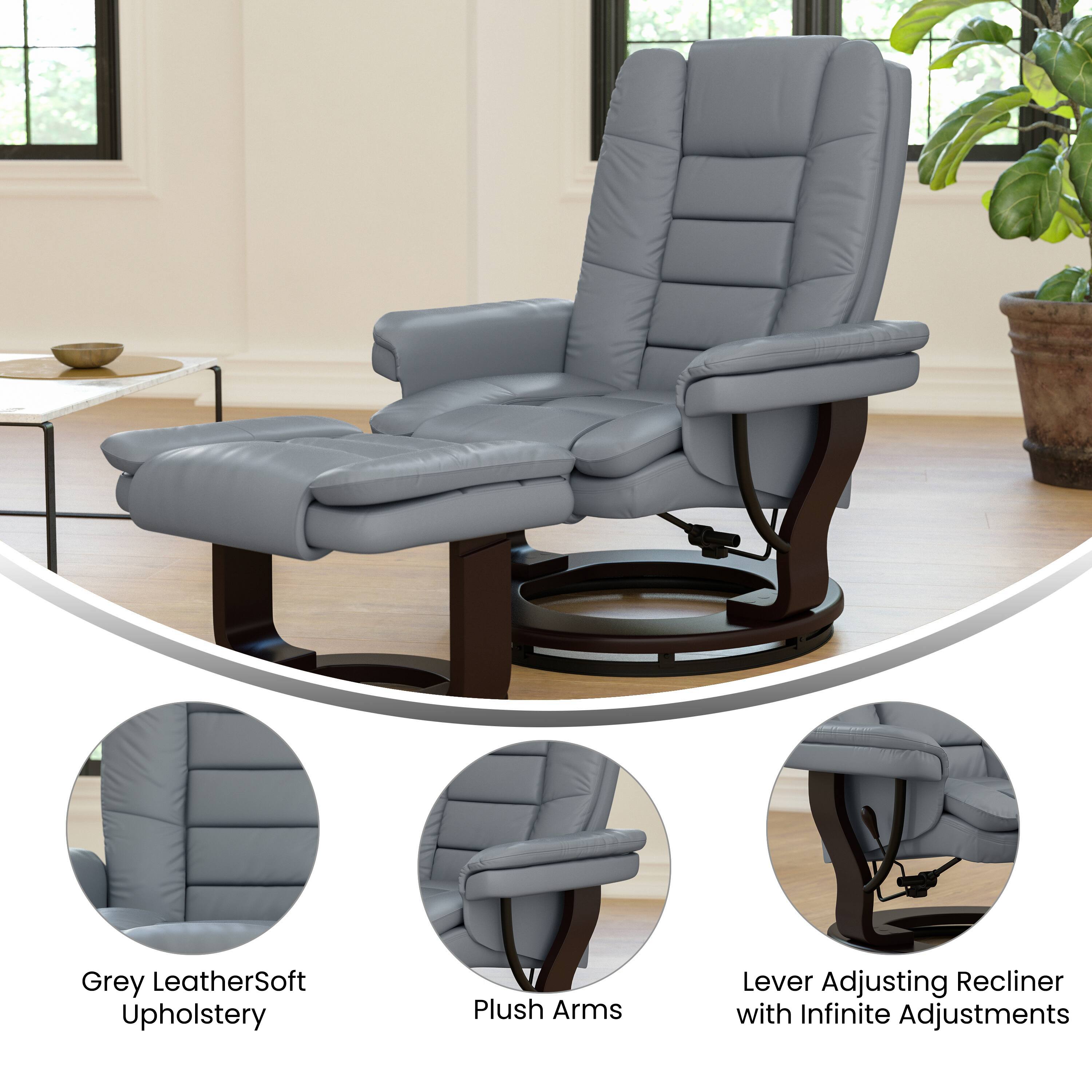Grey LeatherSoft Upholstery  
Plush Arms  
Lever Adjusting Recliner with Infinite Adjustments