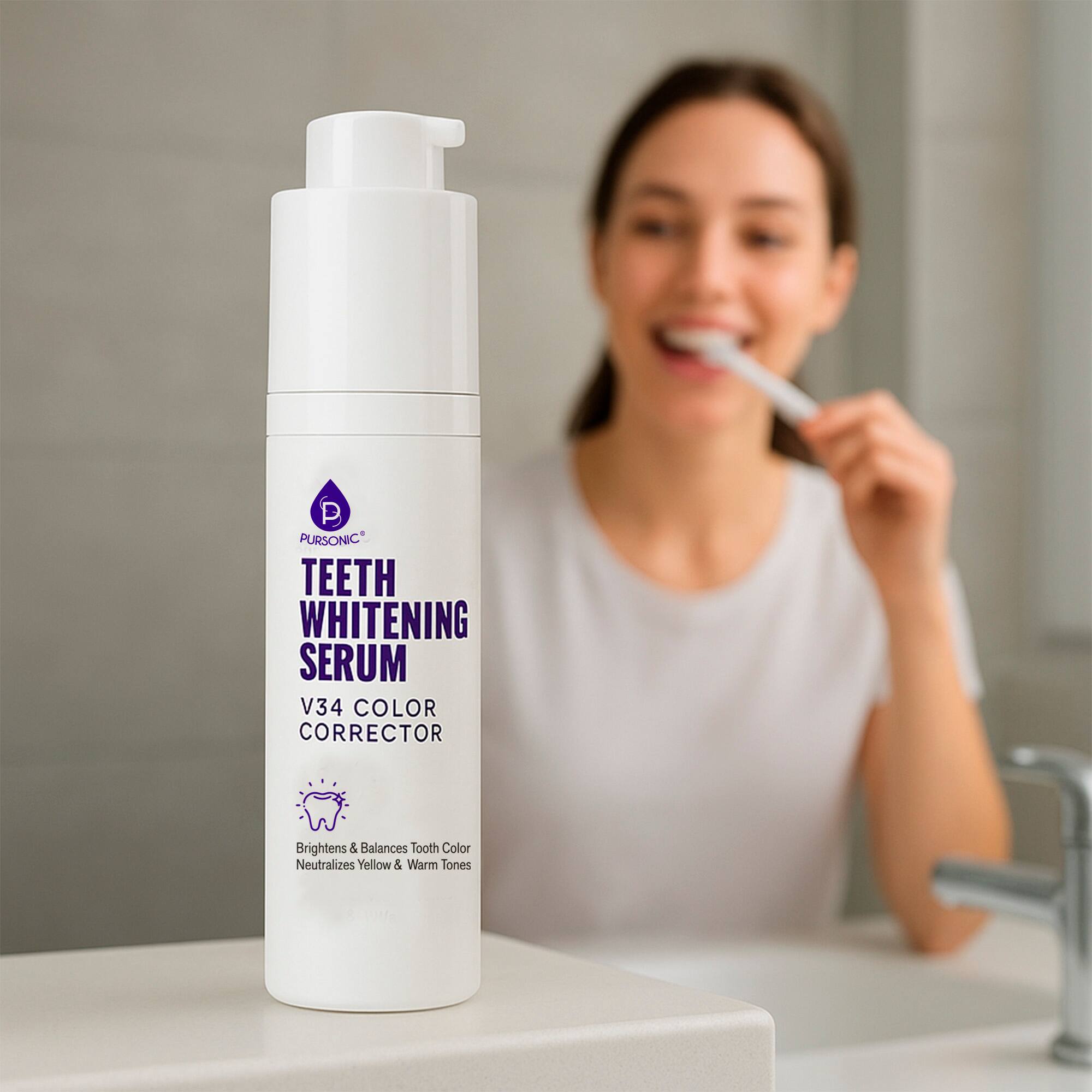 PURSONIC  
TEETH WHITENING SERUM  
V34 COLOR CORRECTOR  
Brightens & Balances Tooth Color  
Neutralizes Yellow & Warm Tones