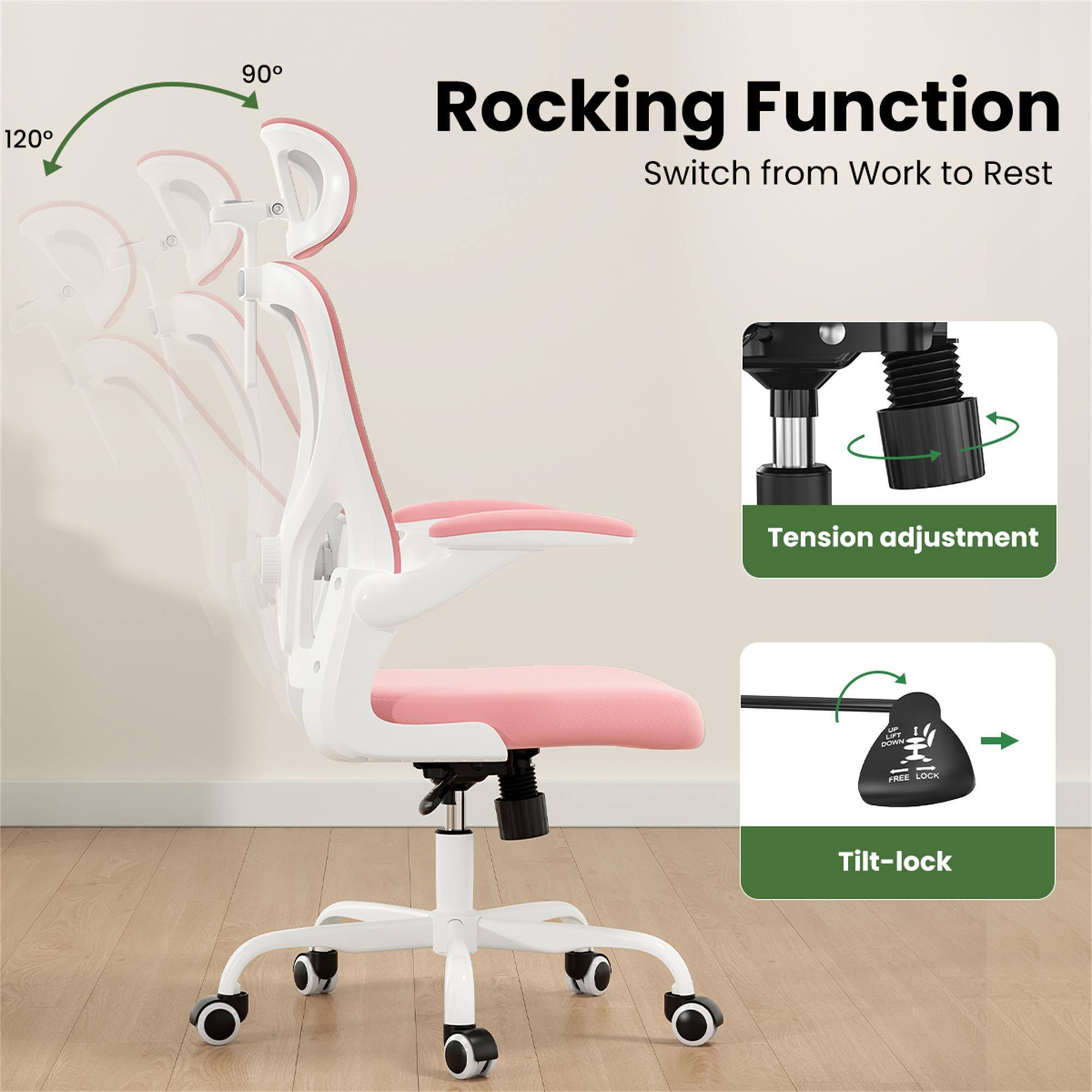 120  
90  
Rocking Function  
Switch from Work to Rest  
Tension adjustment  
LIFT DOWN  
FREE LOCK  
Tilt-lock