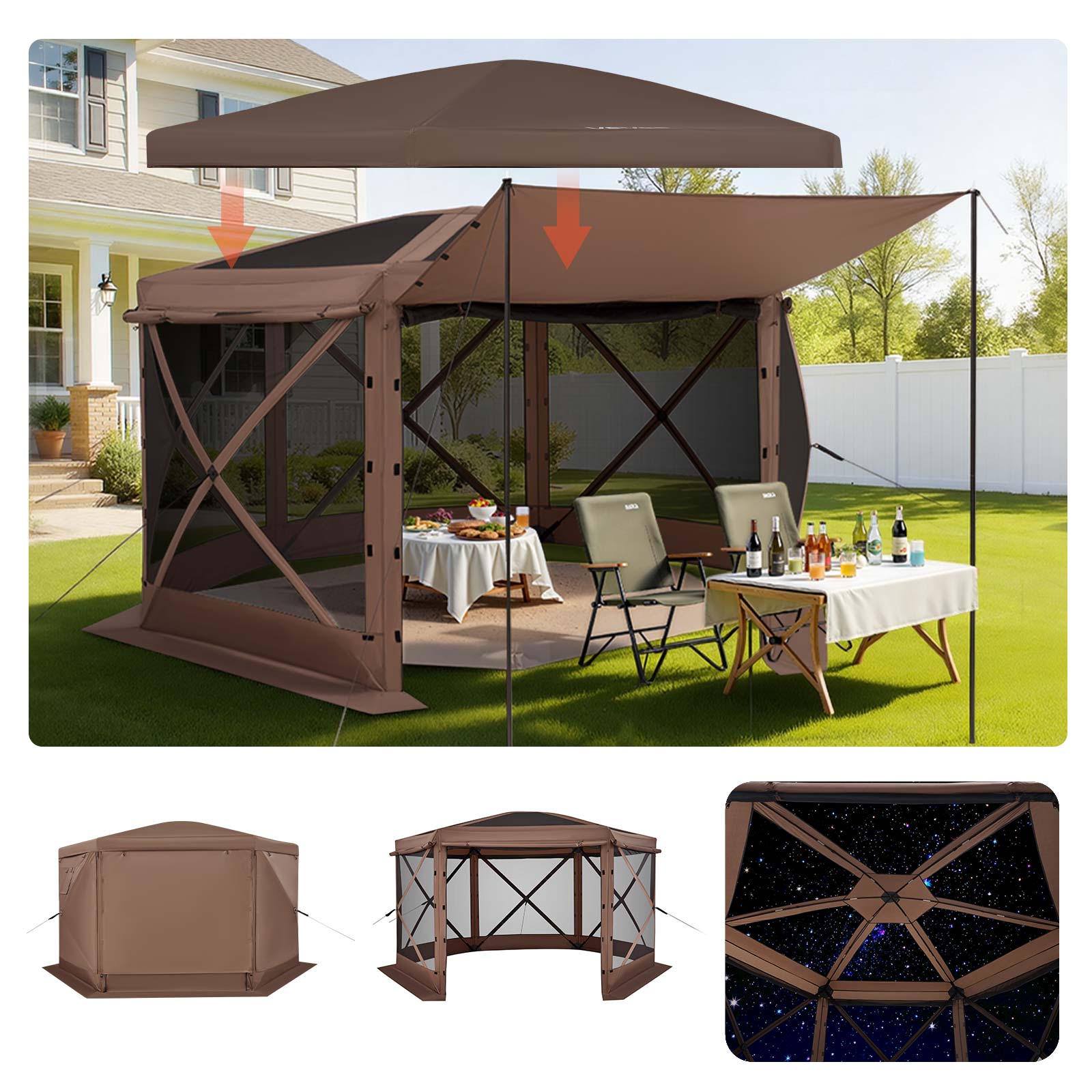 VEVOR - Pop up Gazebo Screen Tent, 12 x 12 ft Large 6-Sided Camping Canopy Tent with Removable Top & Carry Bag - Brown