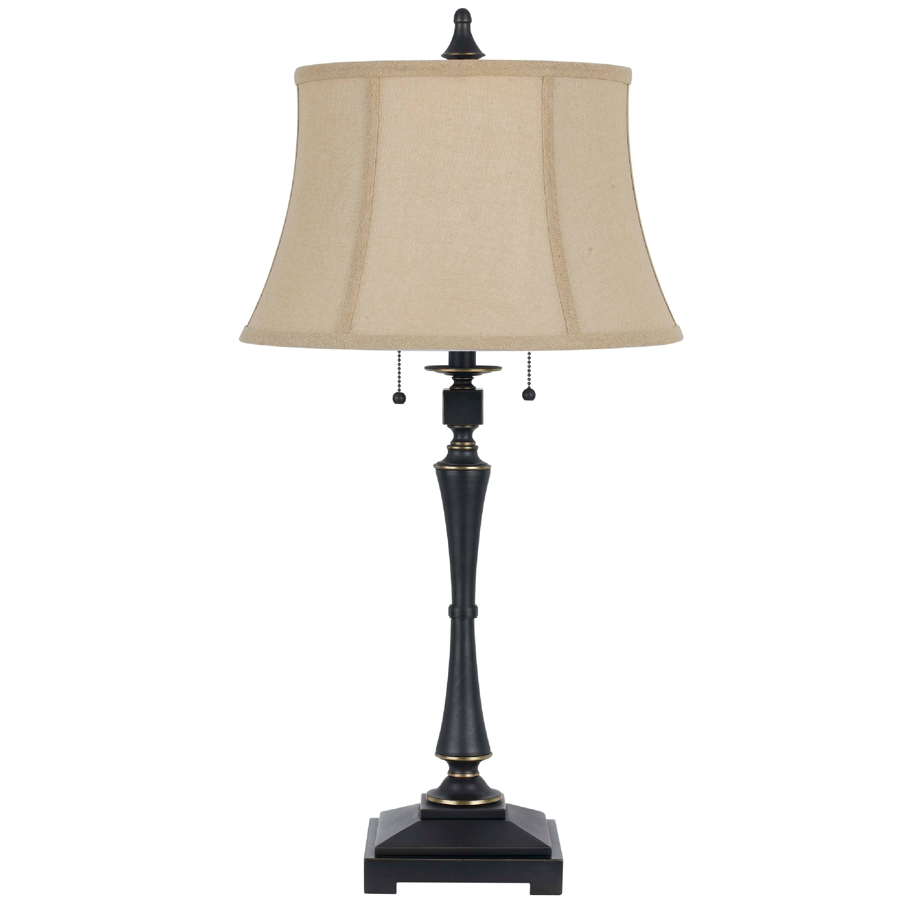 Front. Manhattan Lane - Metal Body Table Lamp with Fabric Tapered Bell Shade - Black and Beige.