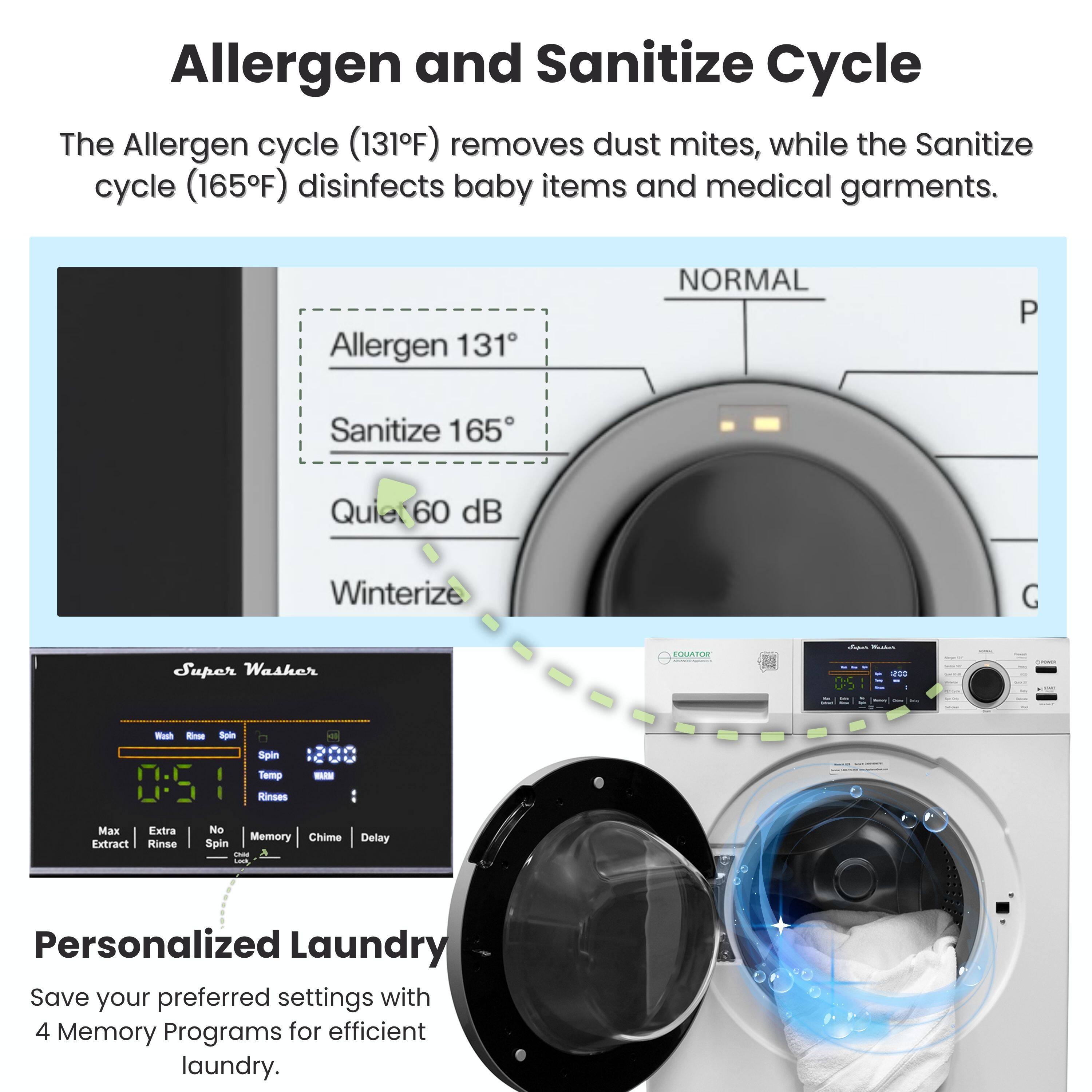 Allergen and Sanitize Cycle

The Allergen cycle (131°F) removes dust mites, while the Sanitize cycle (165°F) disinfects baby items and medical garments.

Allergen 131°  
Sanitize 165°  
Quiet 60 dB  
Winterize  

Super Washer  

Personalized Laundry

Save your preferred settings with 4 Memory Programs for efficient laundry.