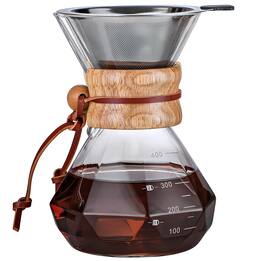 Fabibe - Pour Over Coffee Maker With Reusable Stainless Steel Drip Filter Borosilicate Glass Carafe Modern Wooden Collar For 1 - Diamond - 400ML/13.5OZ