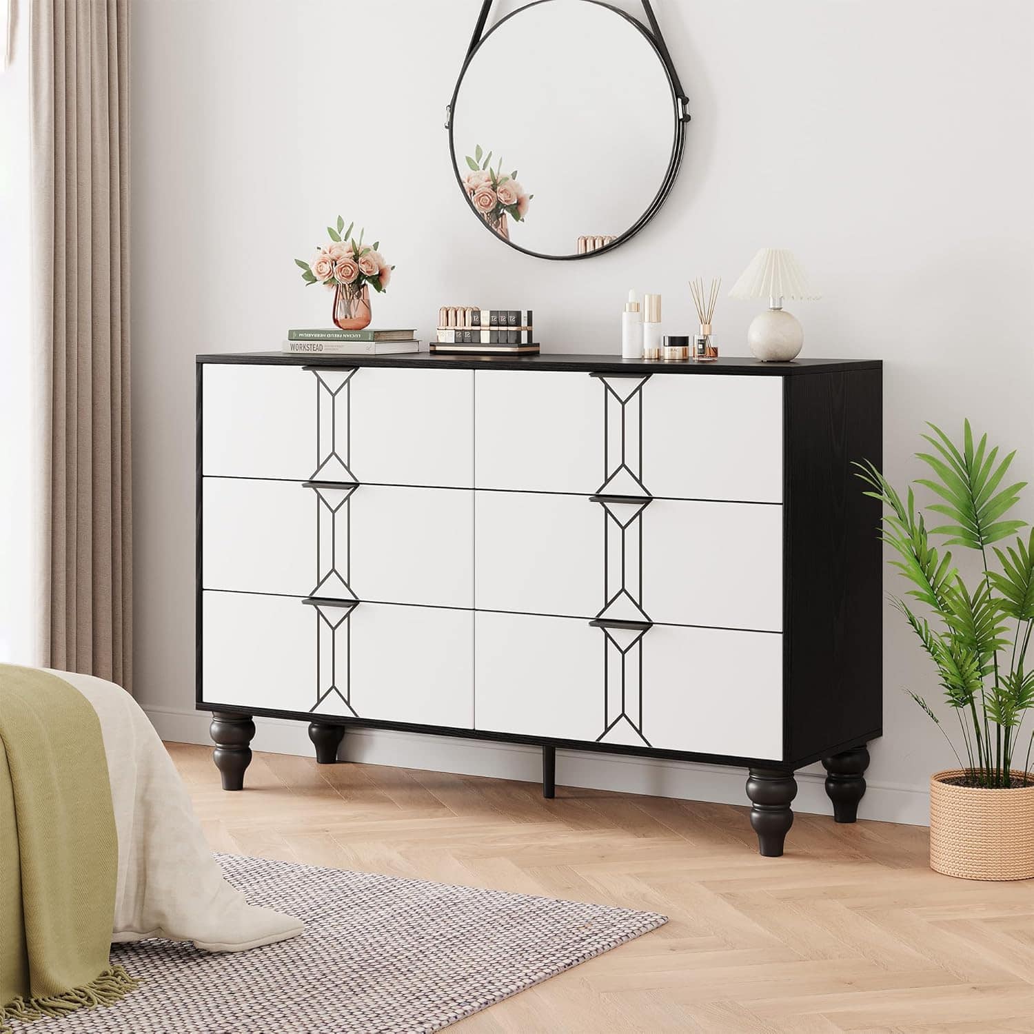 GARVEE - Black and White Wooden 6 Drawer Dresser with Vintage Pattern Design, Modern Chest Dresser with Deep Drawers for Bedroom - ‎Black and White