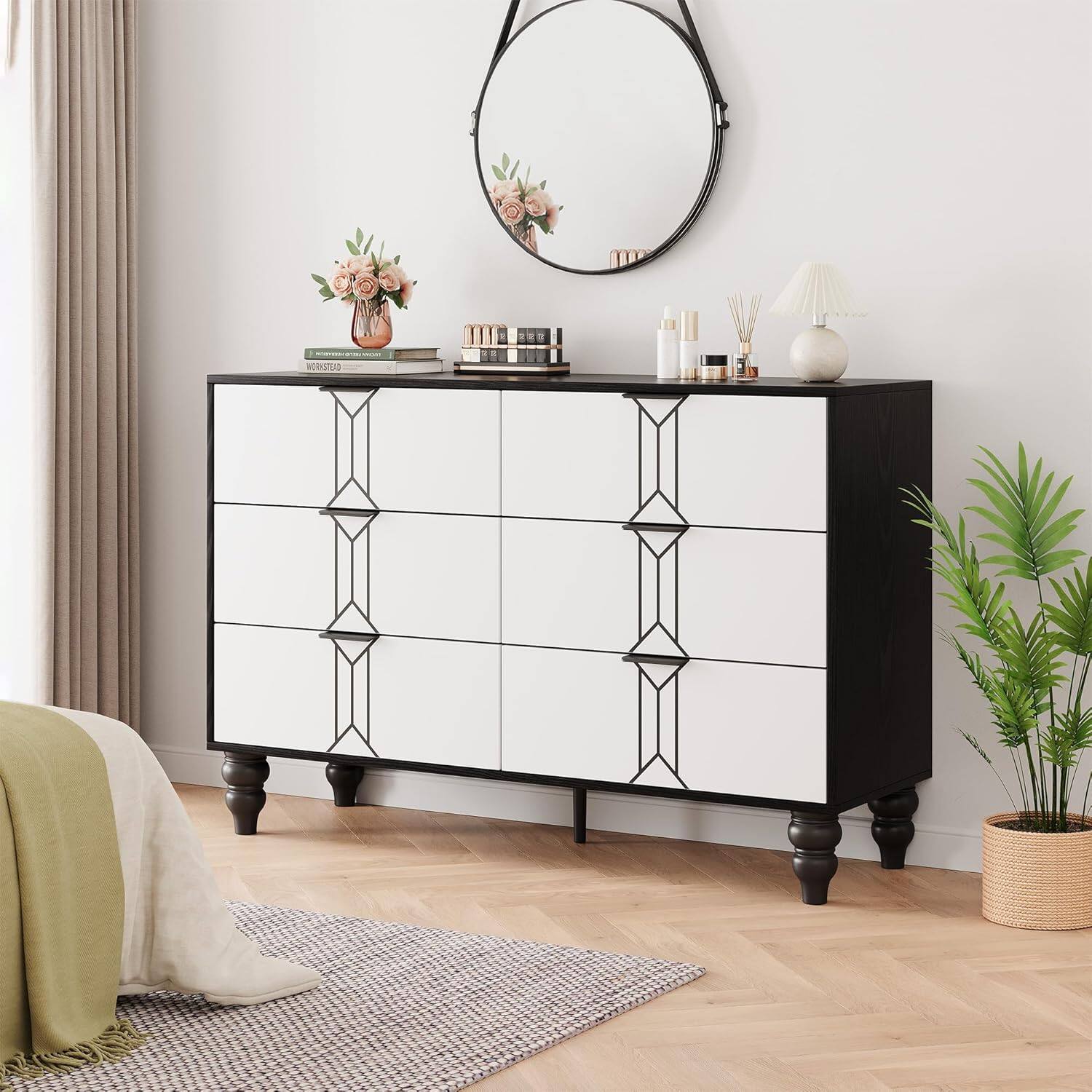 Front. GARVEE - Black and White Wooden 6 Drawer Dresser with Vintage Pattern Design, Modern Chest Dresser with Deep Drawers for Bedroom - ‎Black and White.