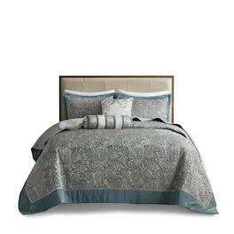 Gracie Mills - Thornton 5-Piece Reversible Jacquard Bedspread Set with Throw Pillows - Teal