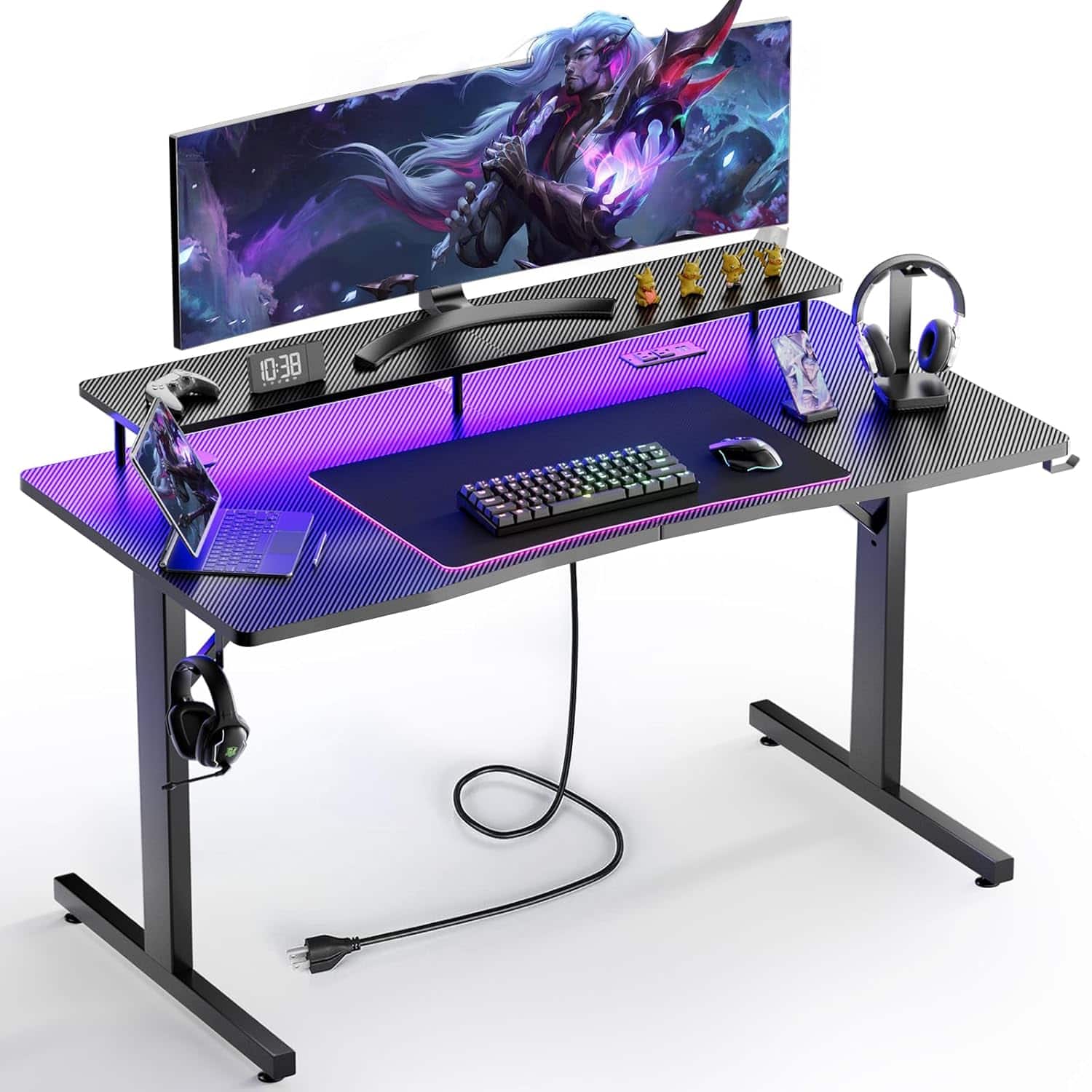 Zell Electronics - 55 Inch Gaming DeskLED, Power Outlet, Monitor Stand & Mouse Pad for Home Office Use - Black
